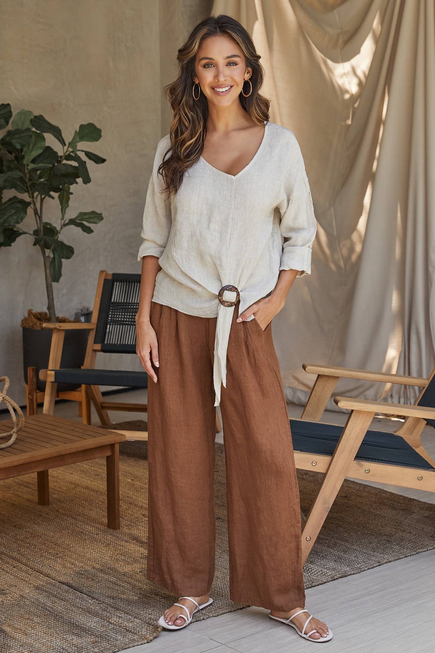 Italian Linen Ring Clip Long Sleeve Top