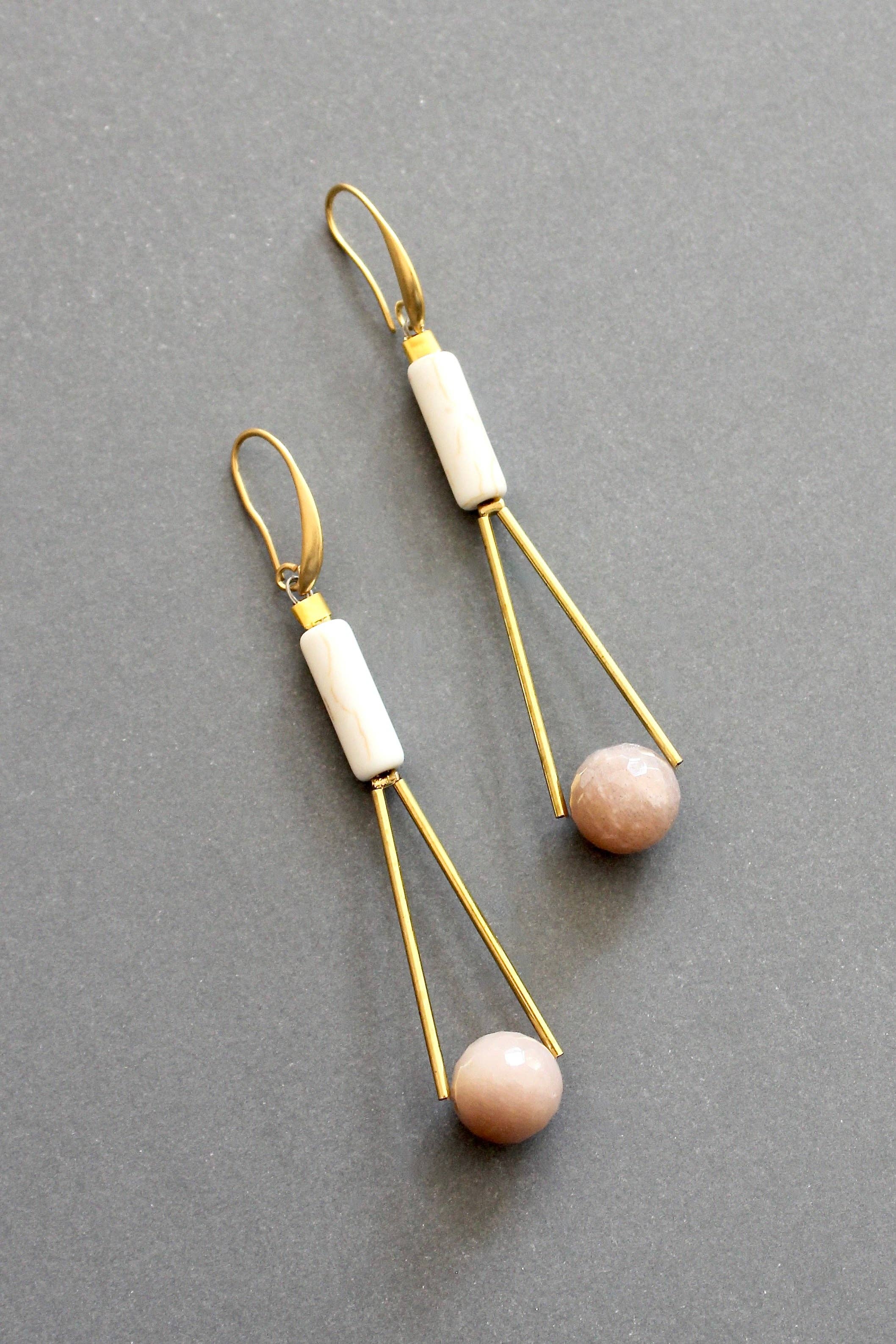 Peach Moonstone Geometric Dangle Earrings