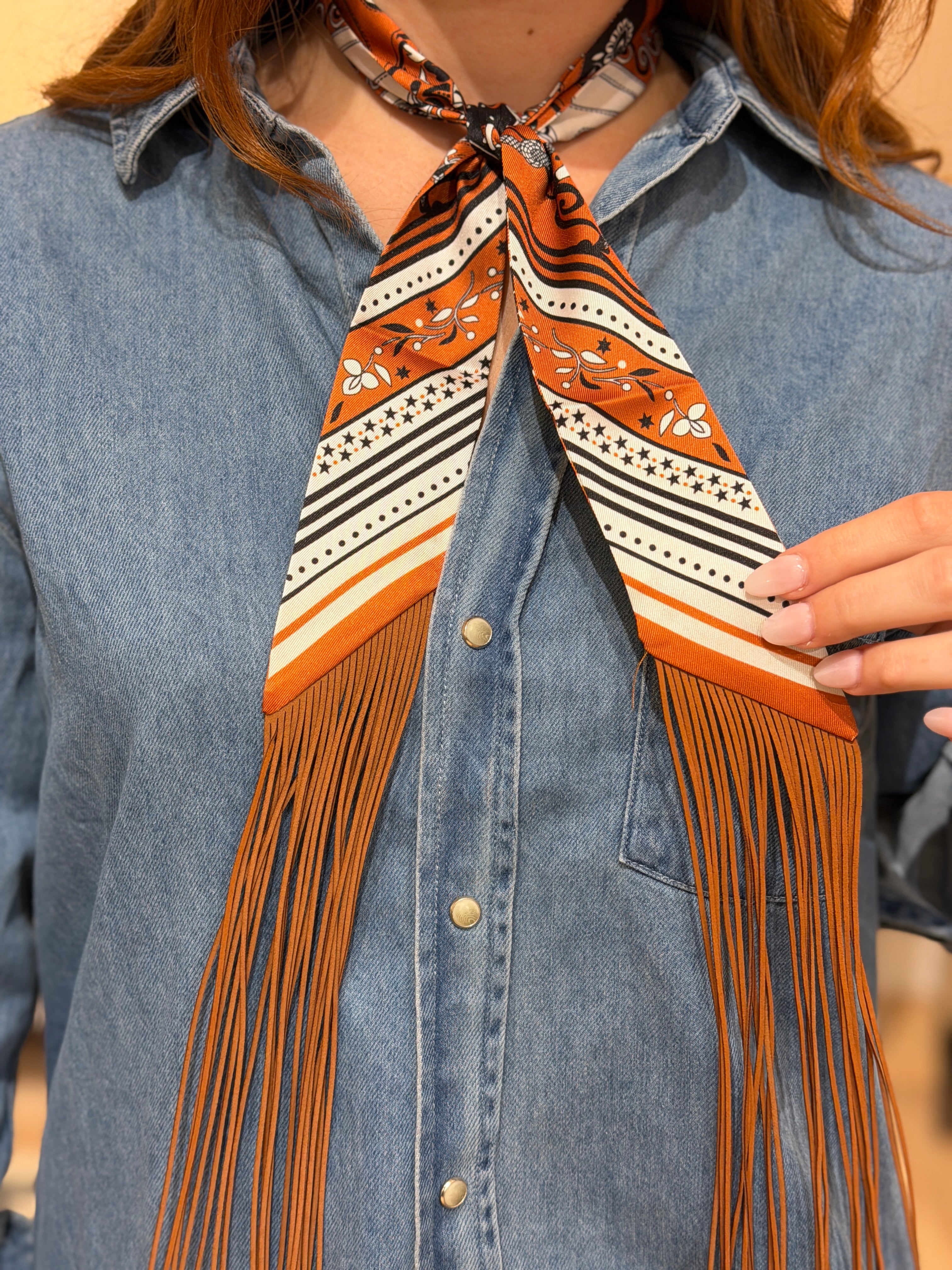 Fringe Trim Printed Satin Scarf