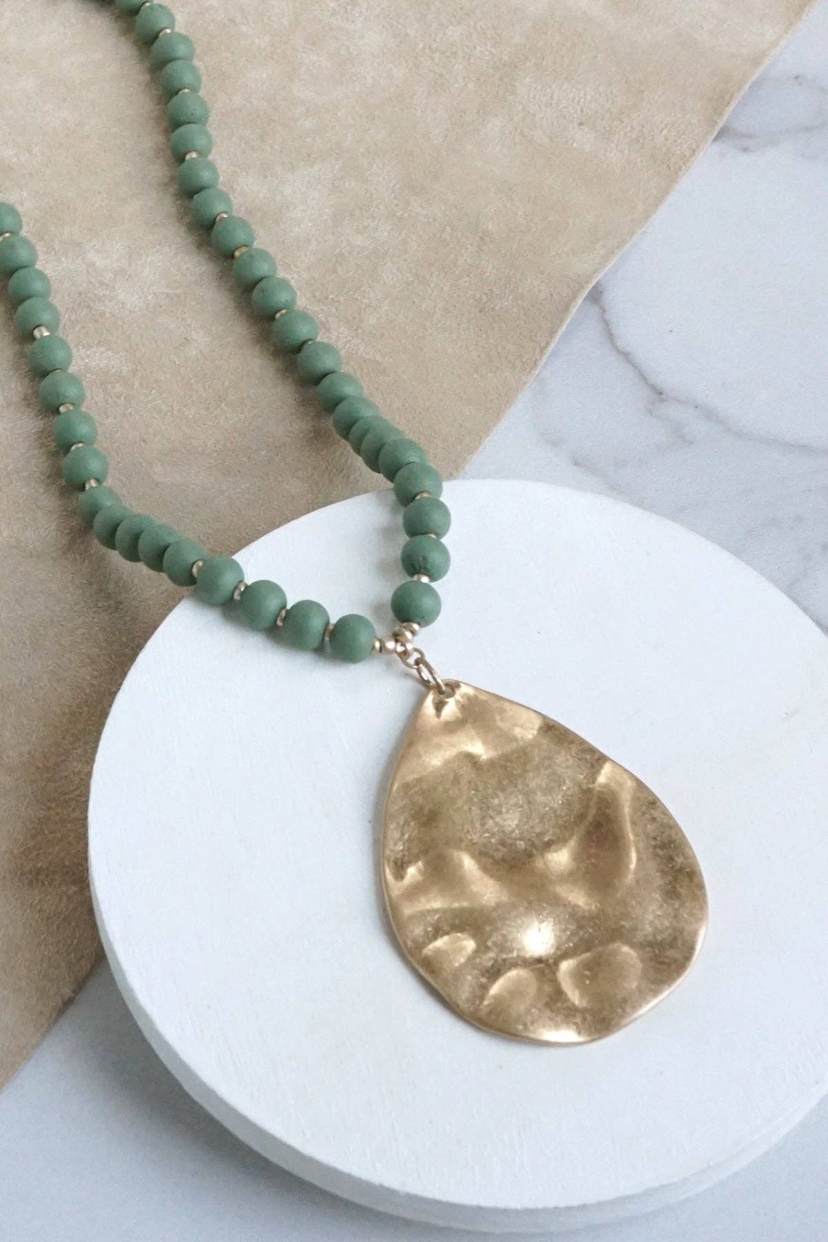 Long Wooden Bead Necklace with gold teardrop-Olive Green