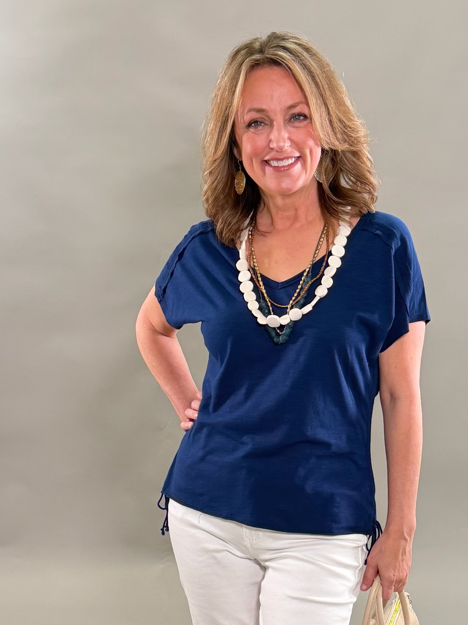 Essential Navy V-Neck with Tie Detail
