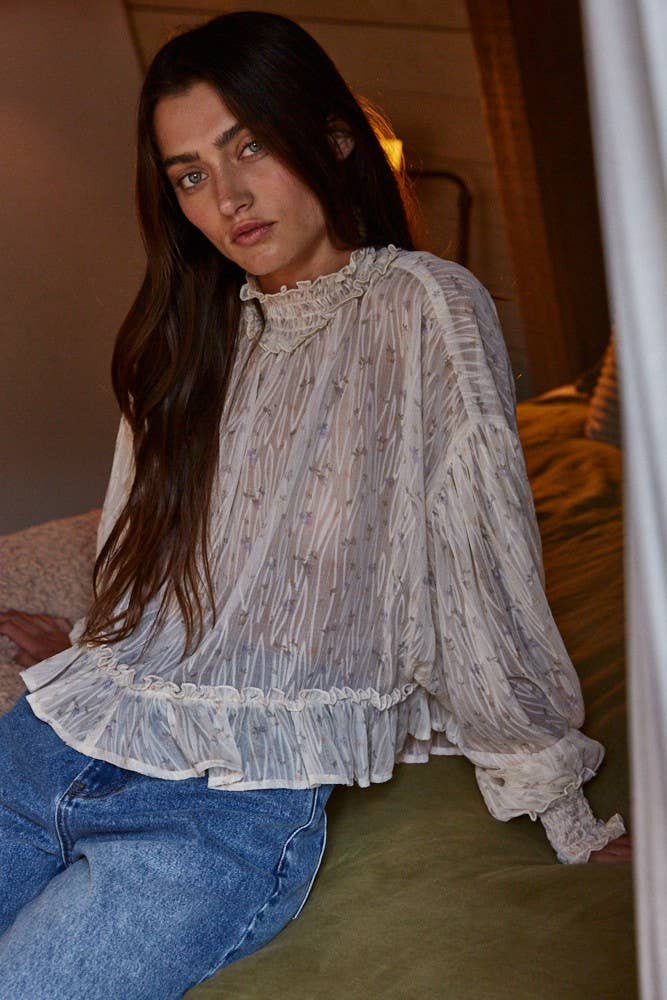 Woven Polyester Floral Print See Through Smocked Top