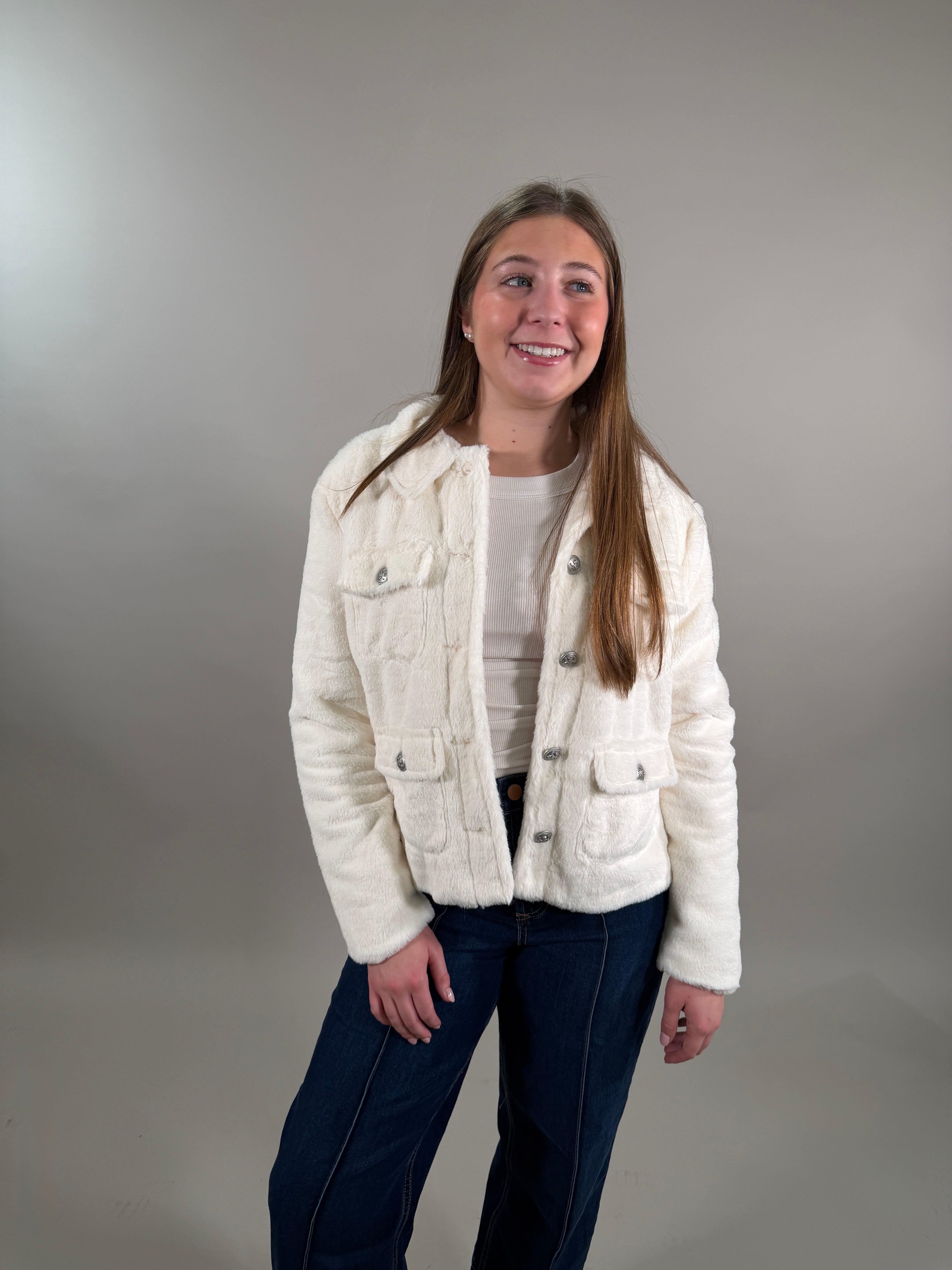 Soft Cream Sherpa Button-Front Jacket