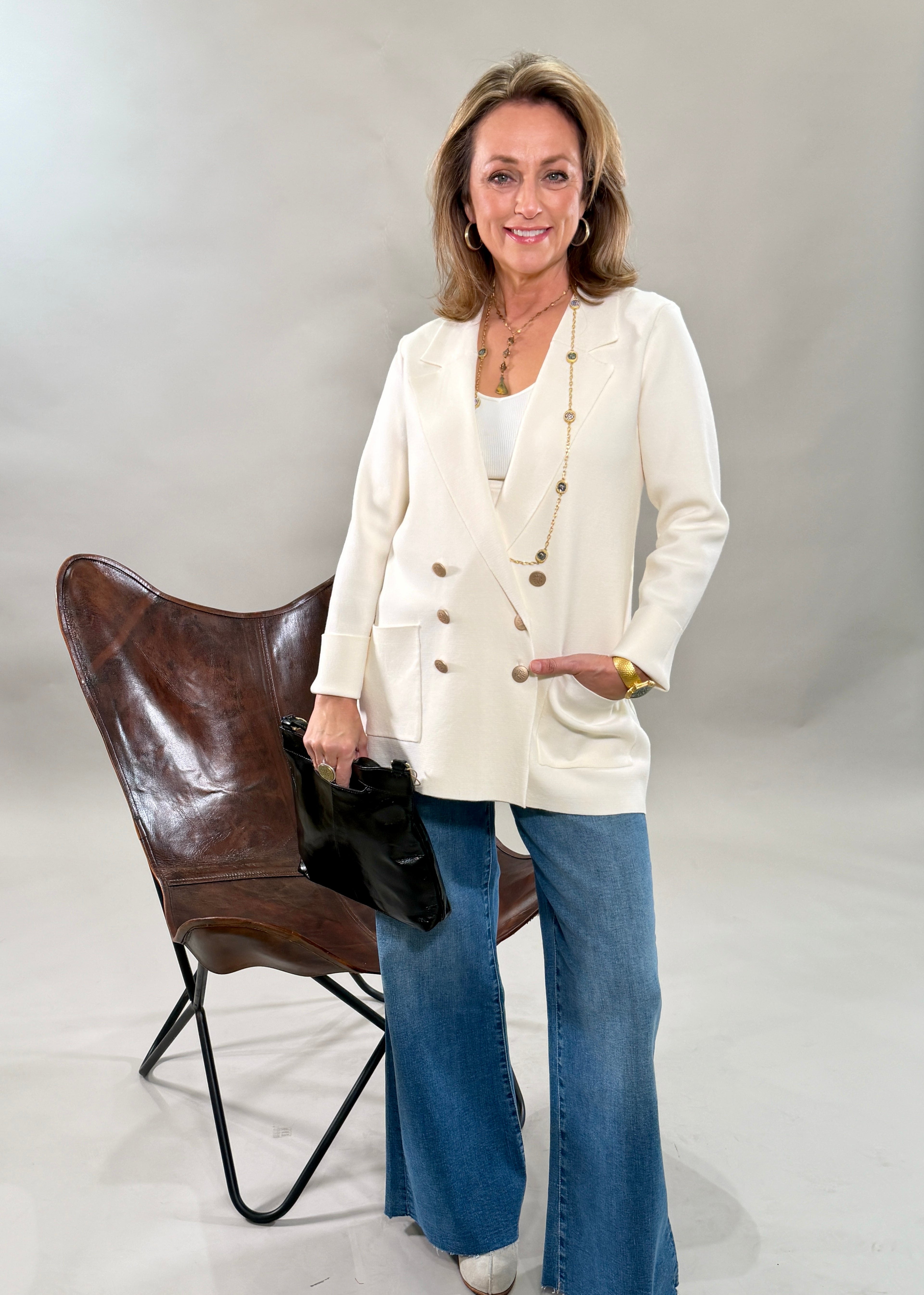 Cream Double Breasted Knit Blazer