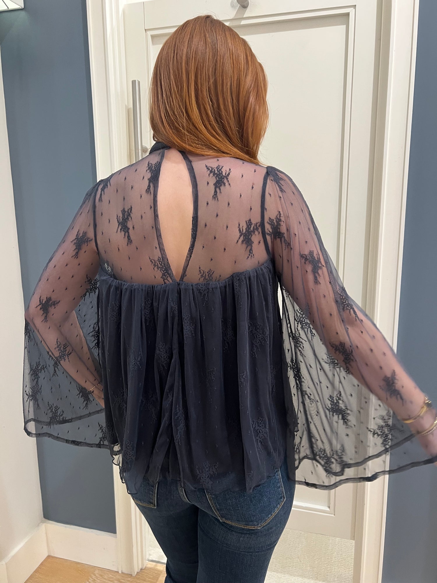 Woven Polyester Mesh Floral Print Mock Top