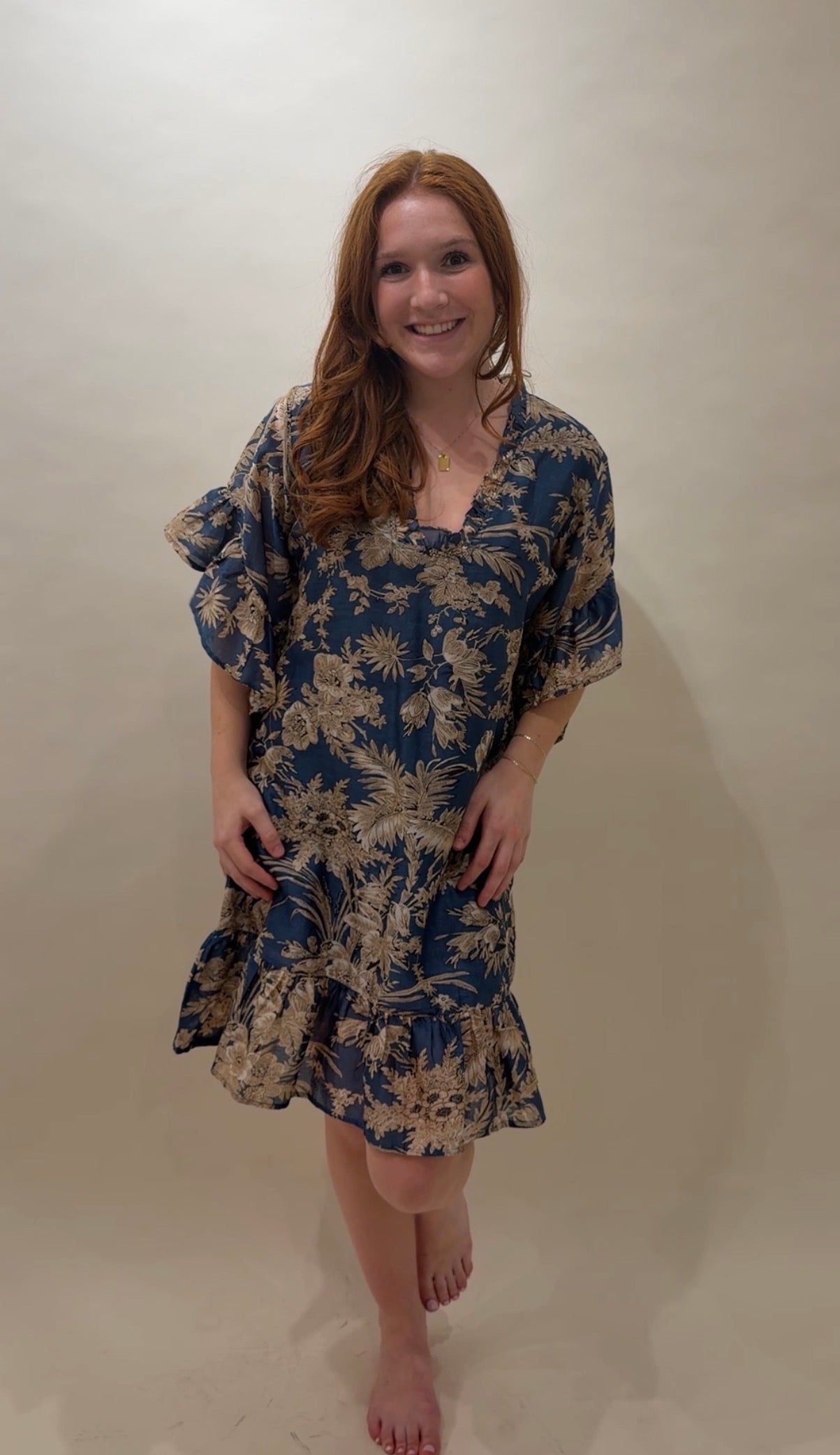 Toile Print Ruffled Cotton Caftan Mini