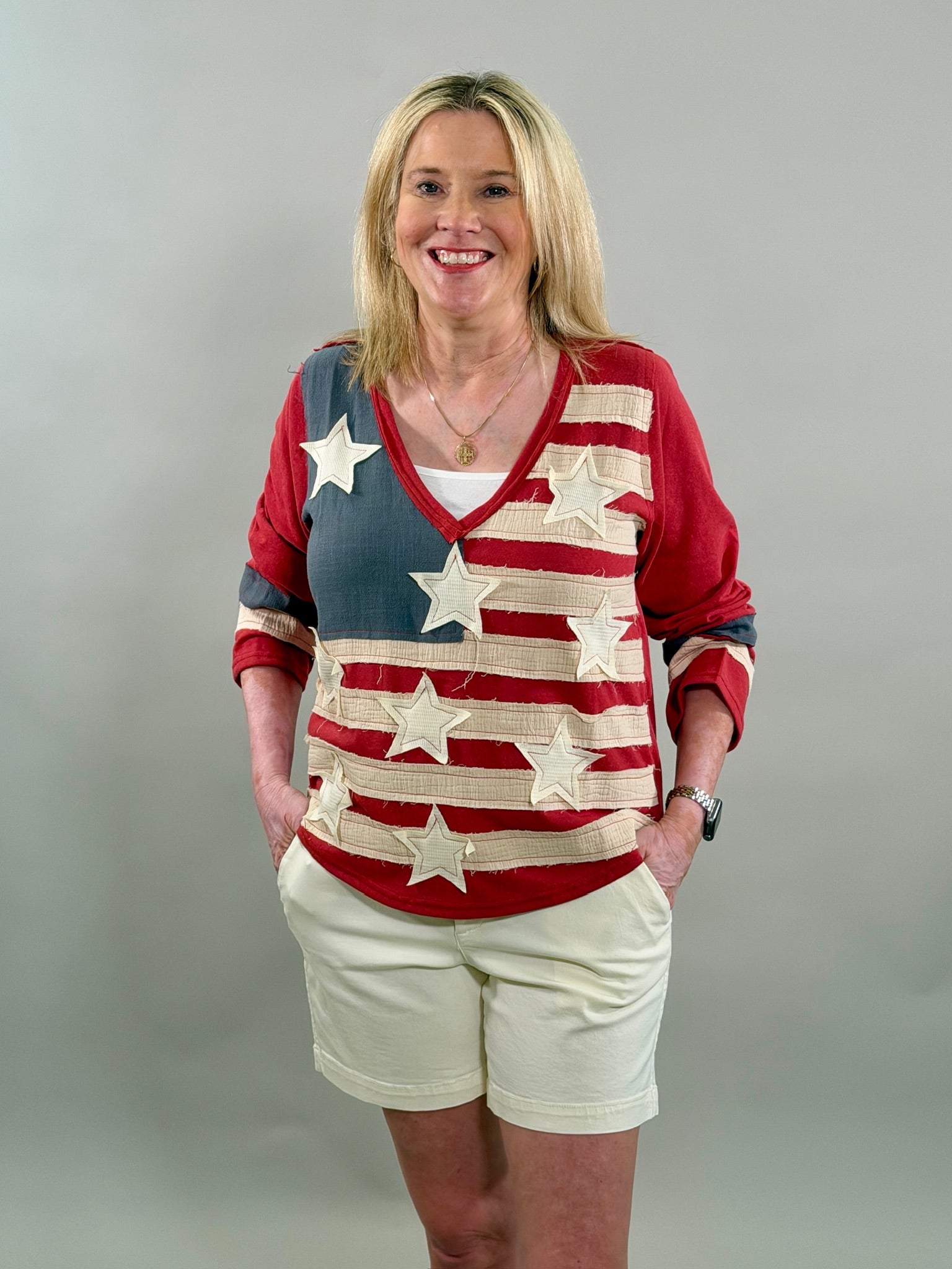 Patriotic Patchwork Star V-Neck Top