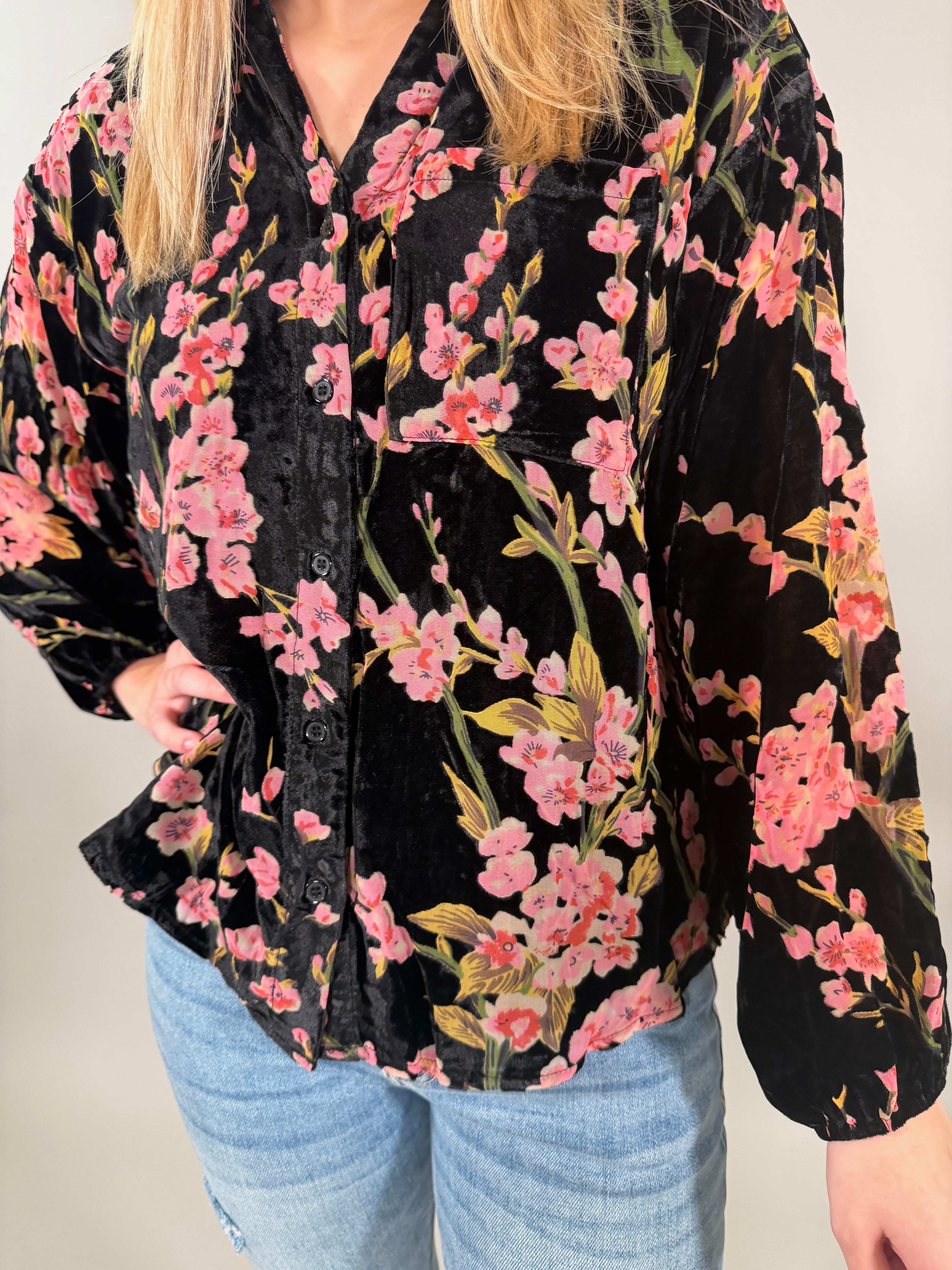 Velvet Cherry Blossom Button-Up Blouse