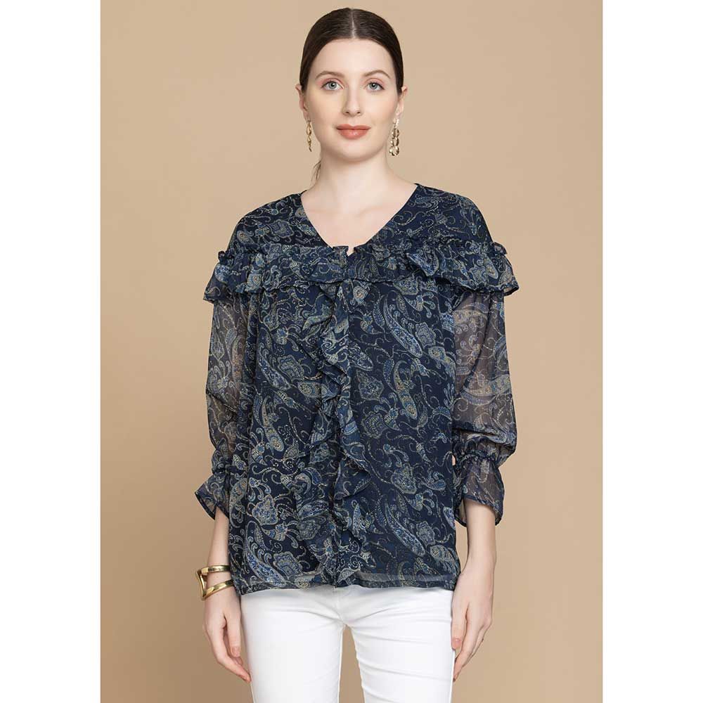 Ruffled Navy Paisley Blouse