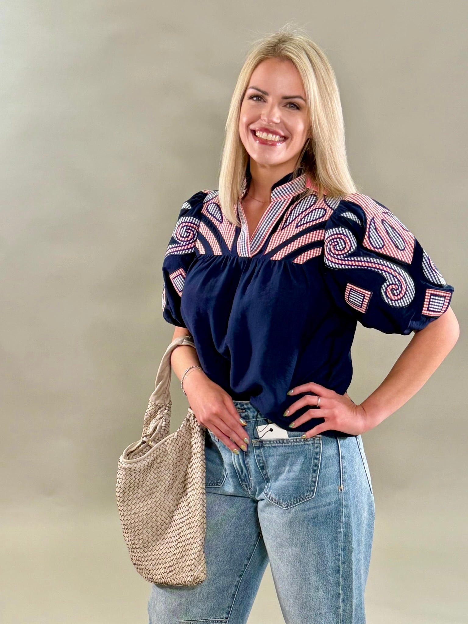 Americana Plaid Embroidered Blouse