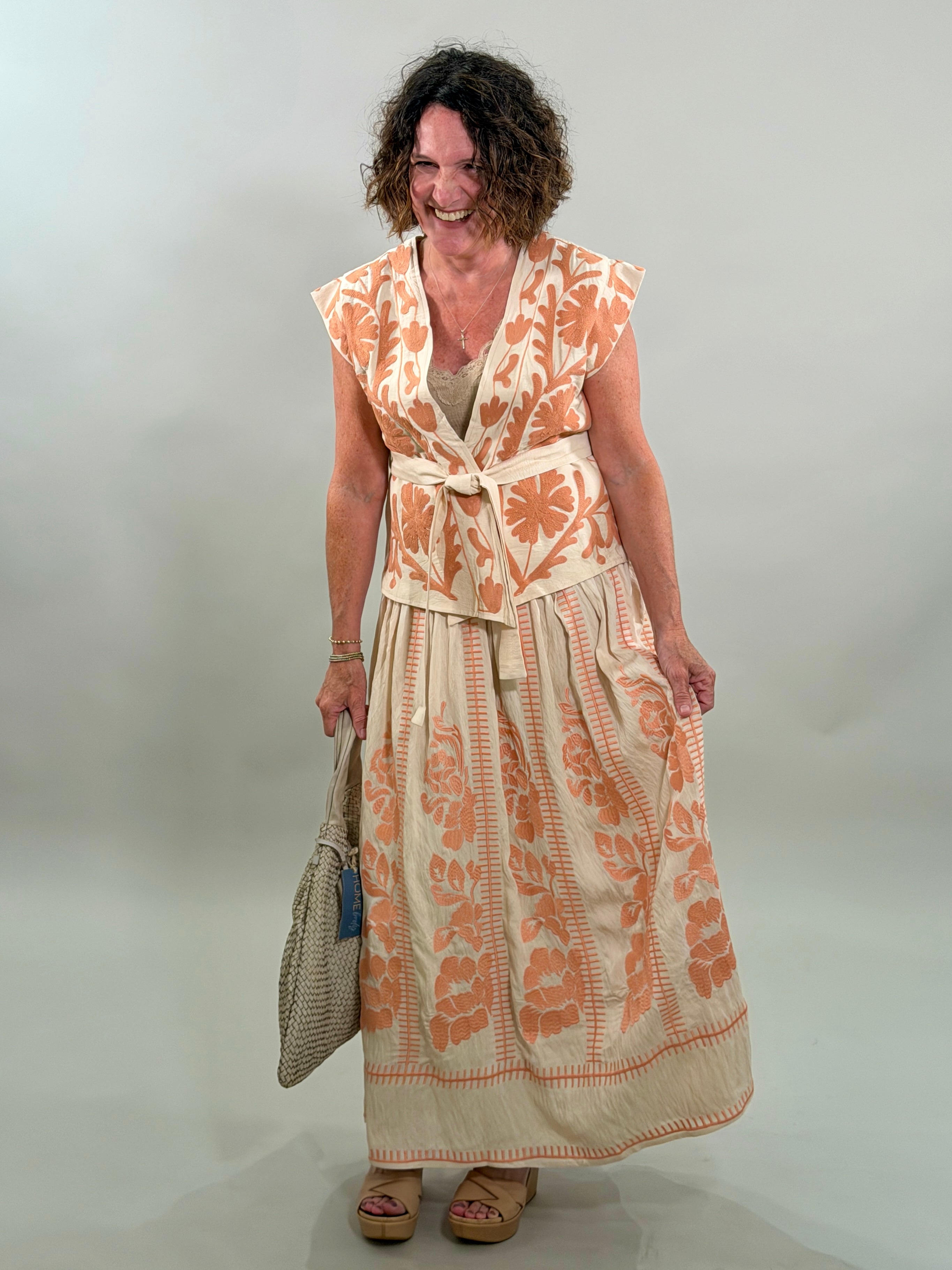 Coral Embroidered Vest with Belt