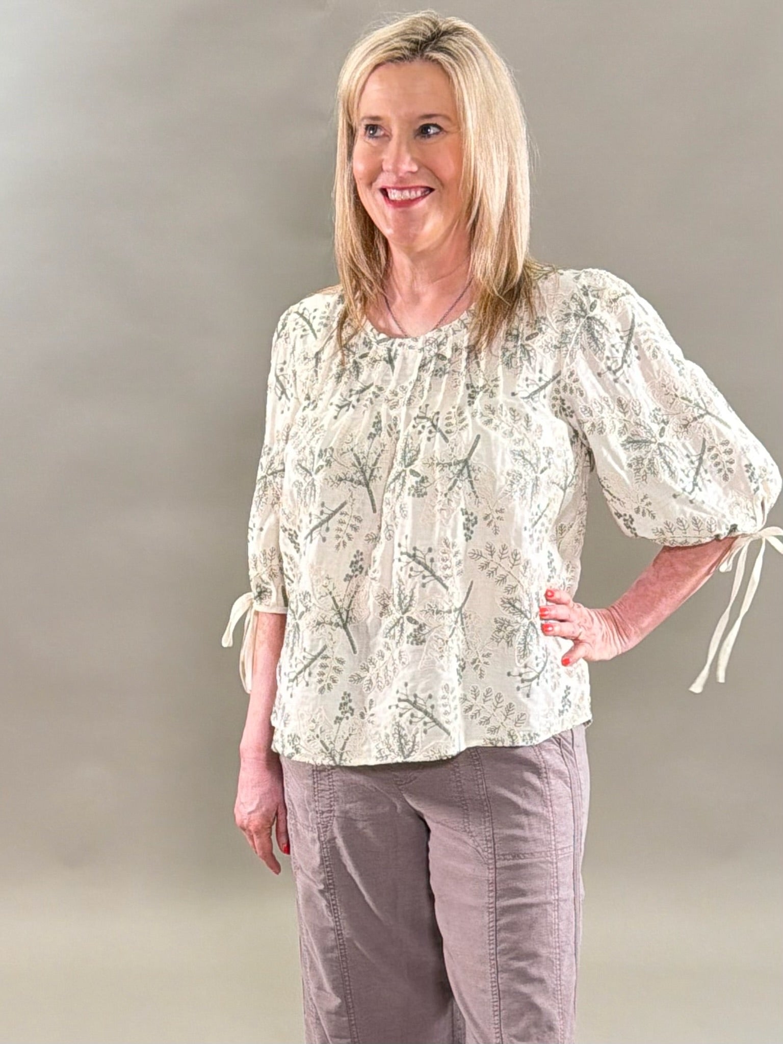 Cream and Green Embroidery Top