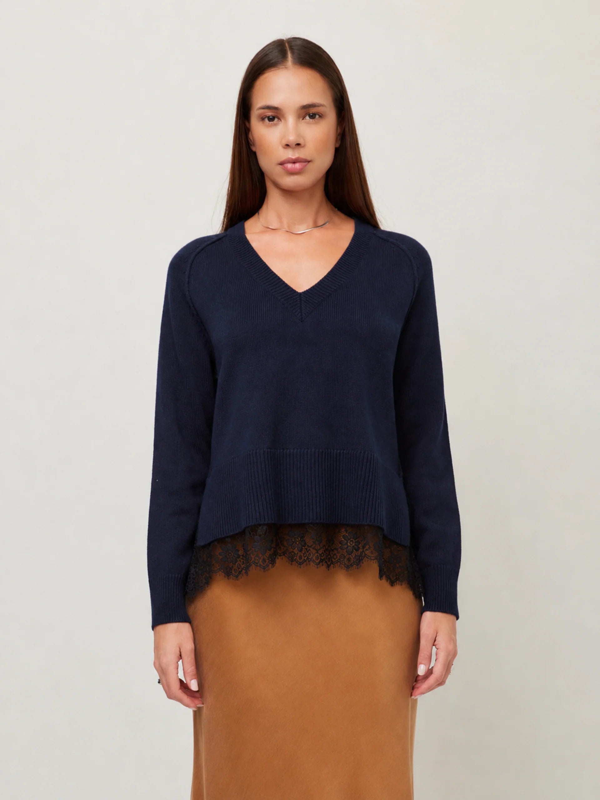 Layered Lace-Trim Knit Sweater