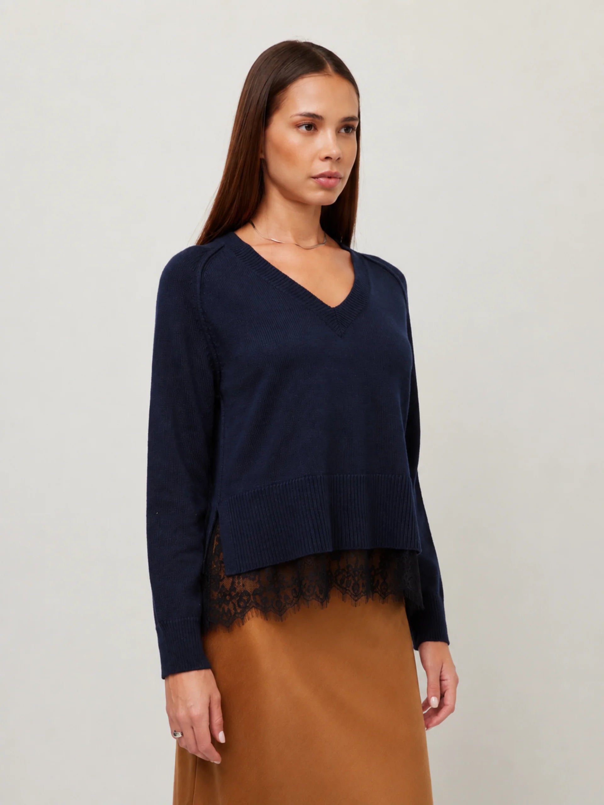 Layered Lace-Trim Knit Sweater