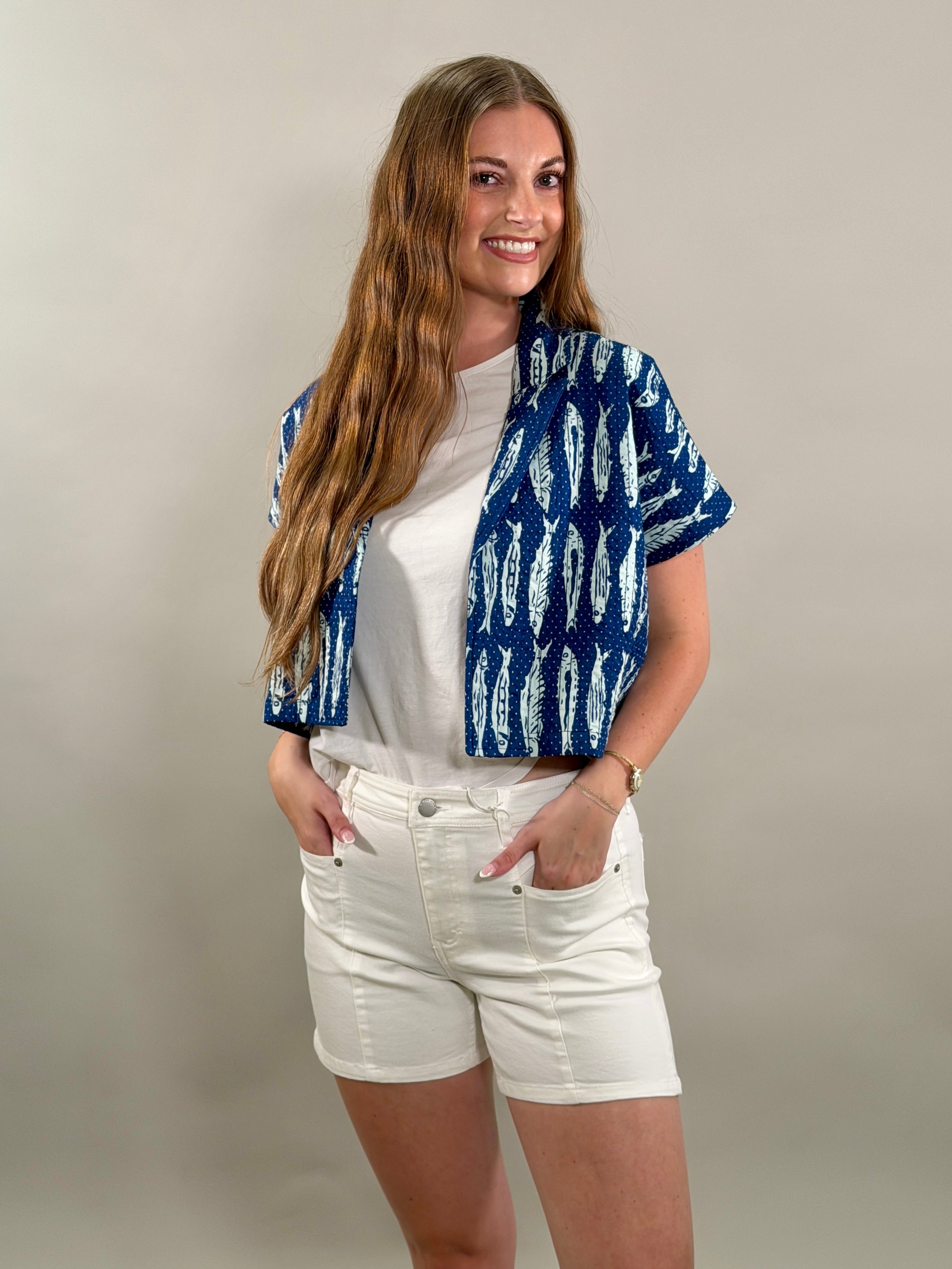 Fish Print Quilted Cropped Jacket