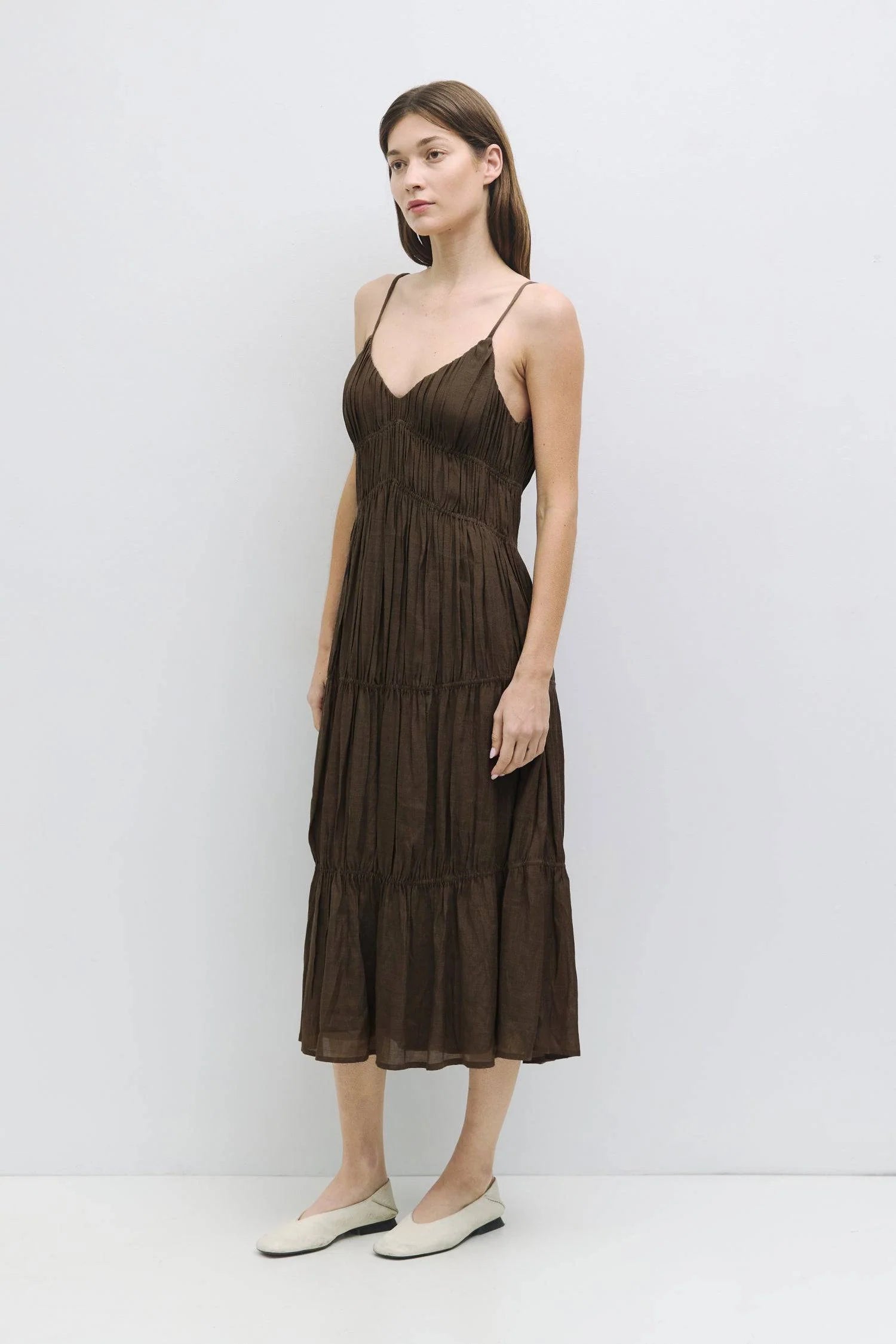 Effortless Brown Tiered Gathered Midi Dress