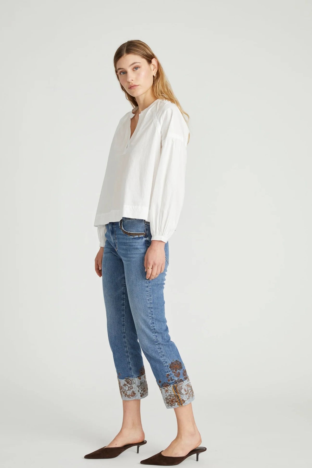 Paisley Petal Straight Cropped Cuffed Jeans
