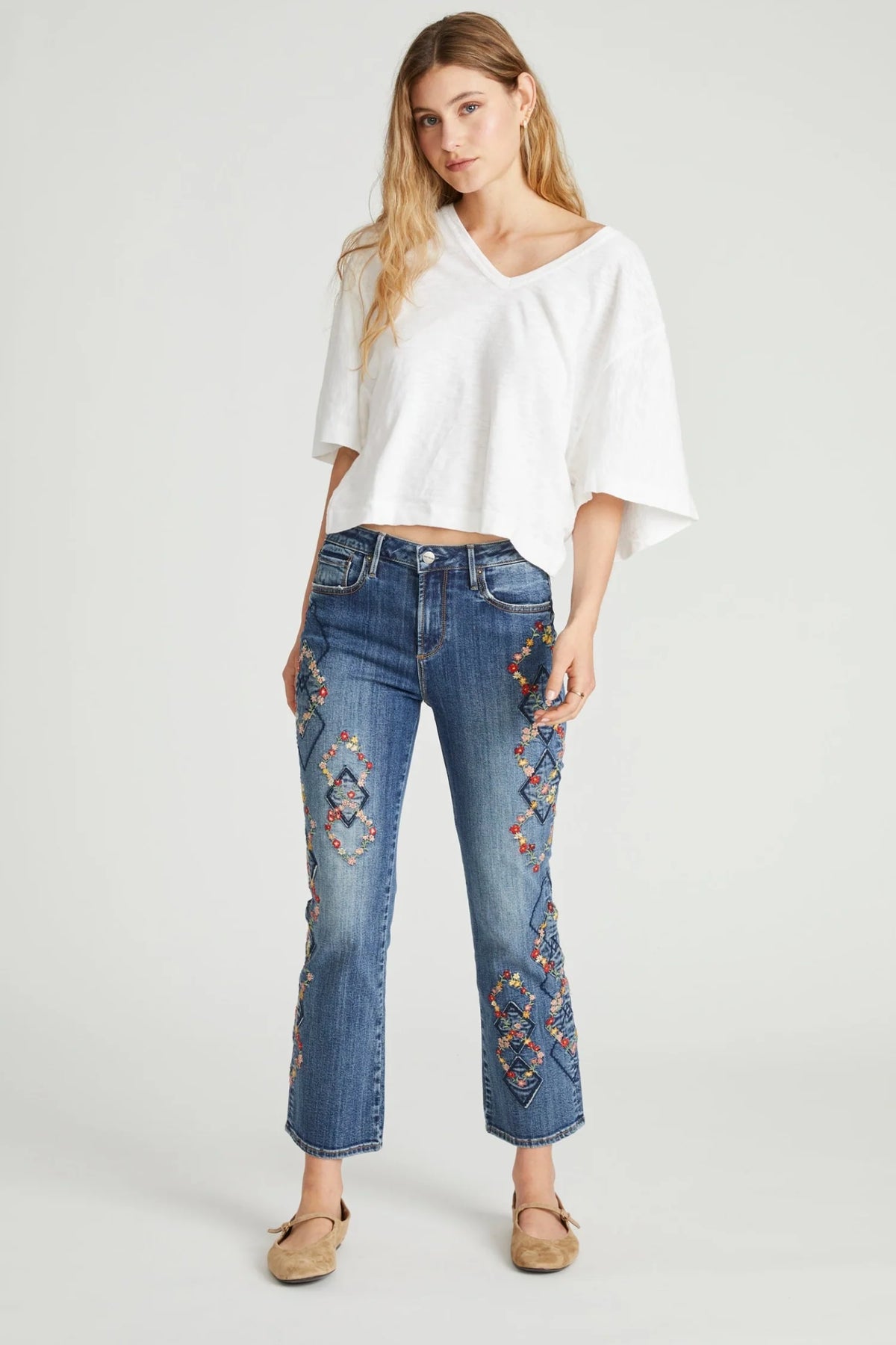 Autumn Argyle Embroidered Crop Bootcut Jeans