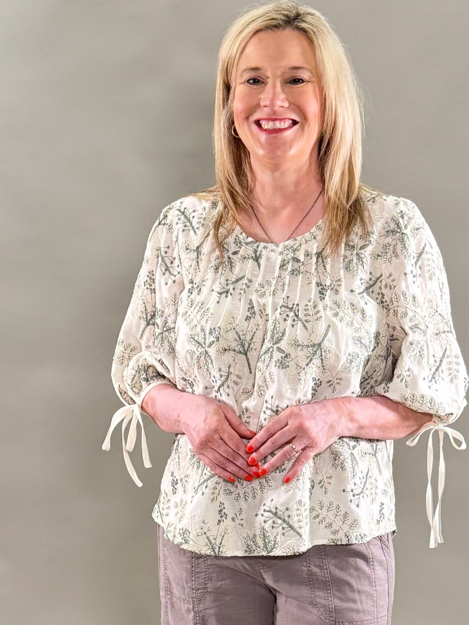 Cream and Green Embroidery Top