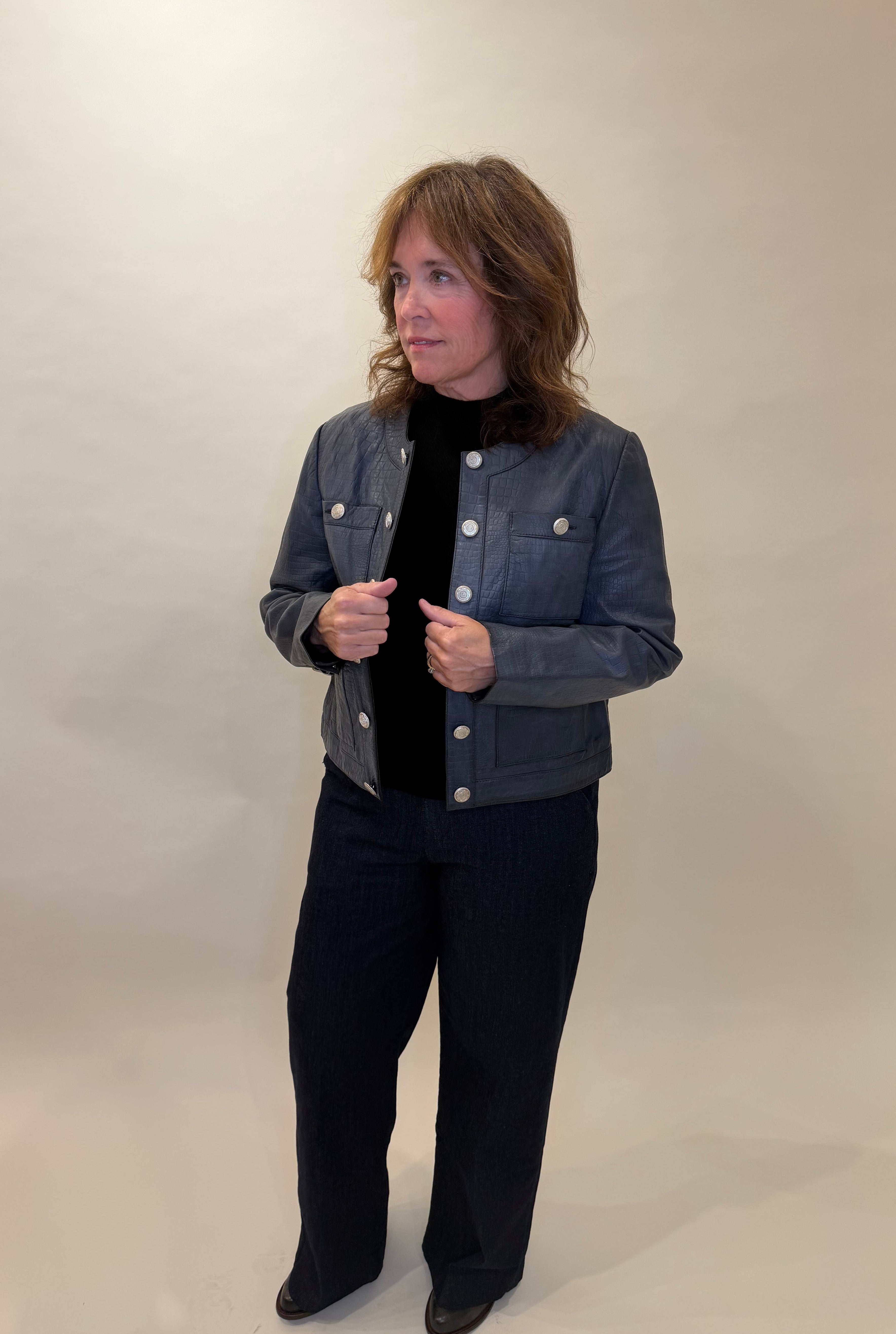 Chic Navy Croc-Embossed Leather Jacket