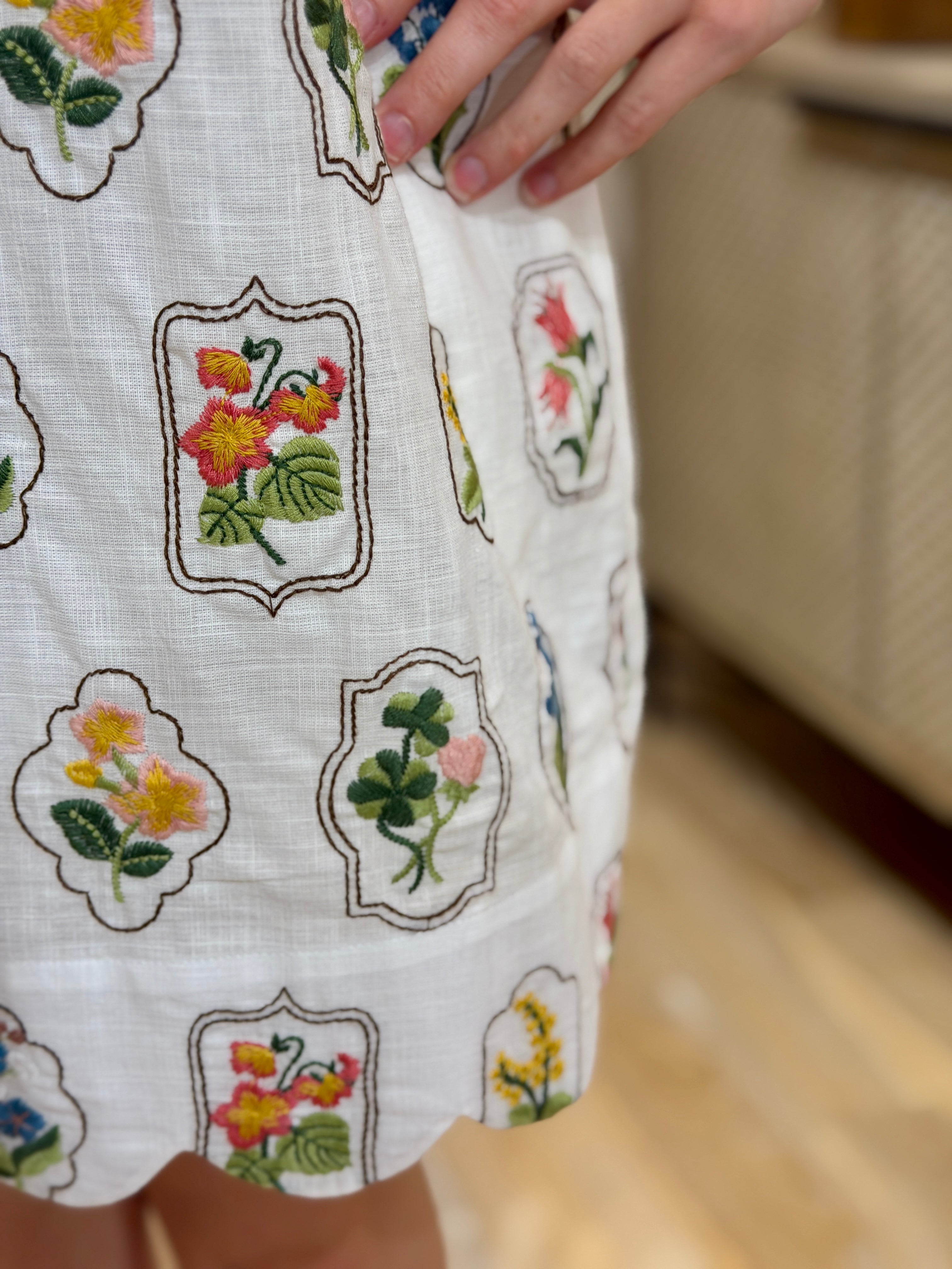Close up of the embroidered flowers and fabric.
