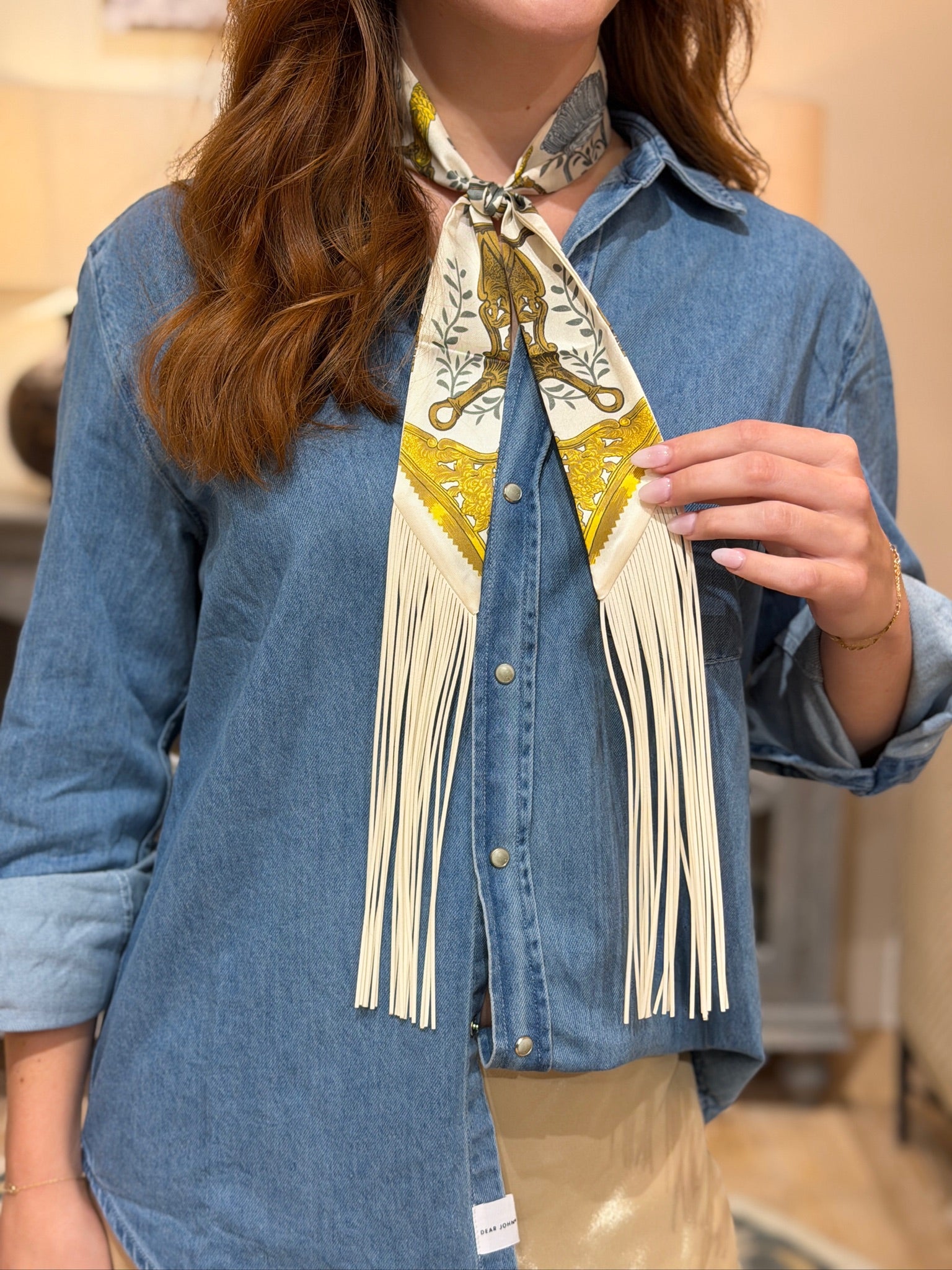 Fringe Trim Printed Satin Scarf