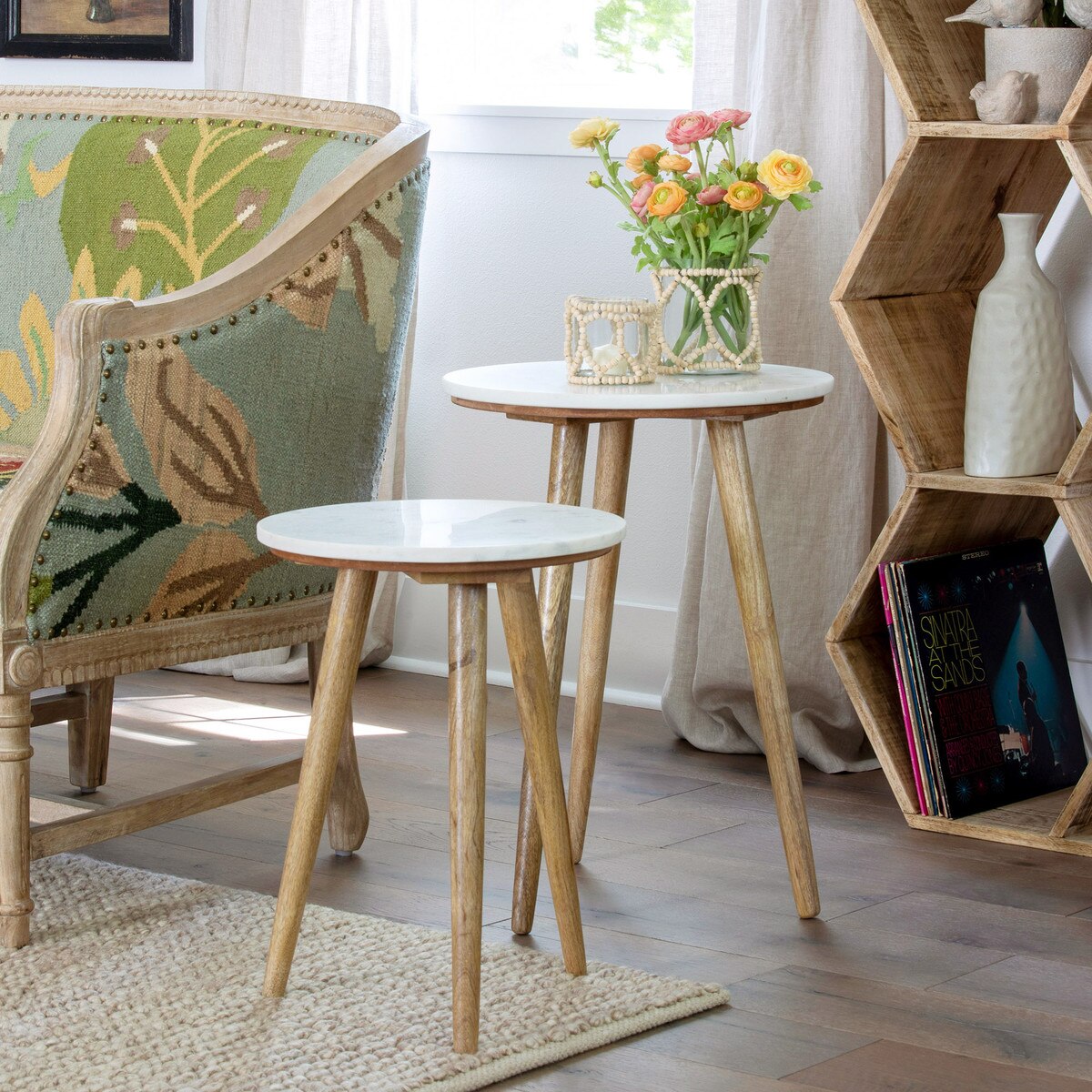 Set of 2 Marble and Wood Accent Tables,