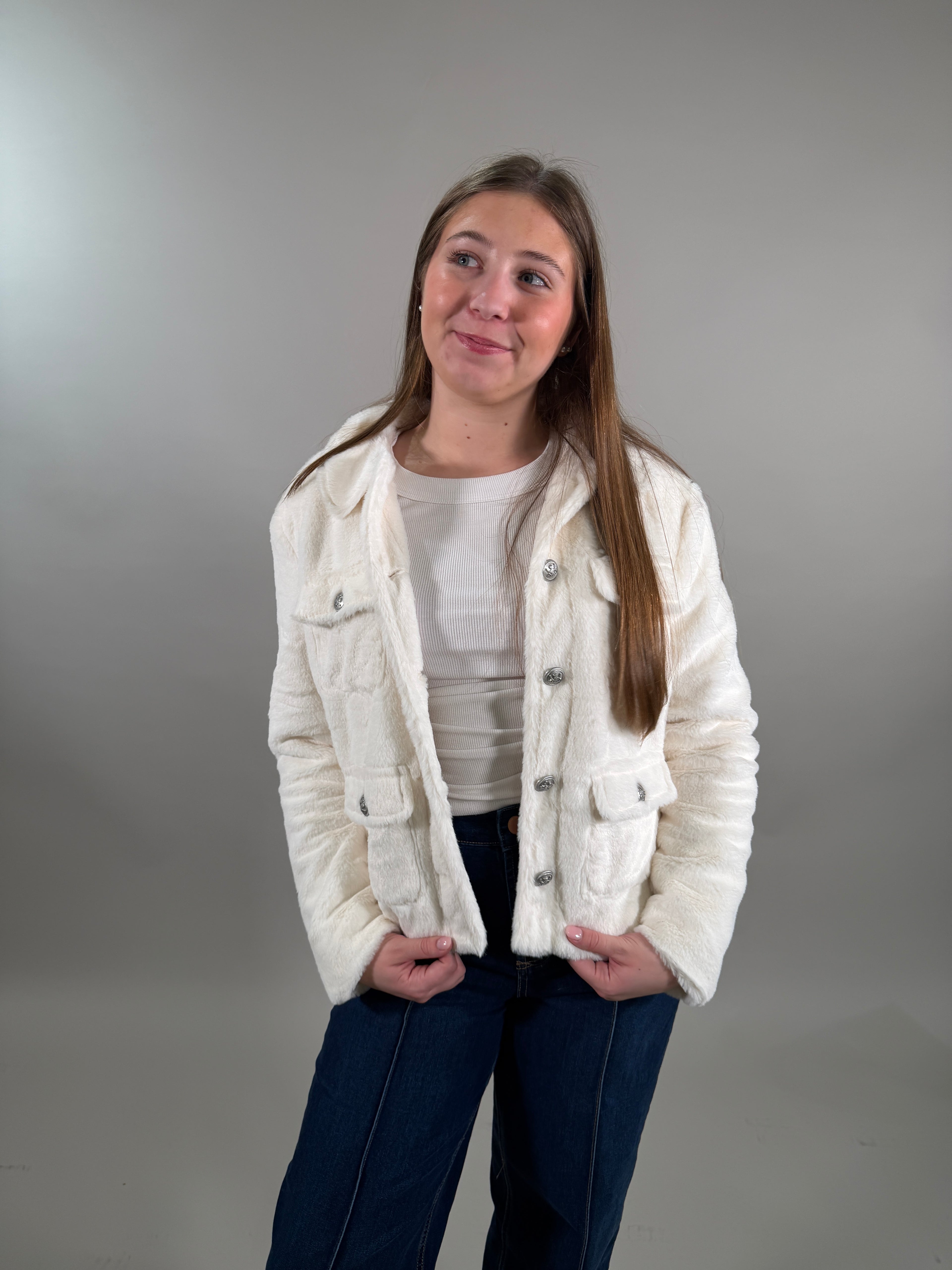 Soft Cream Sherpa Button-Front Jacket