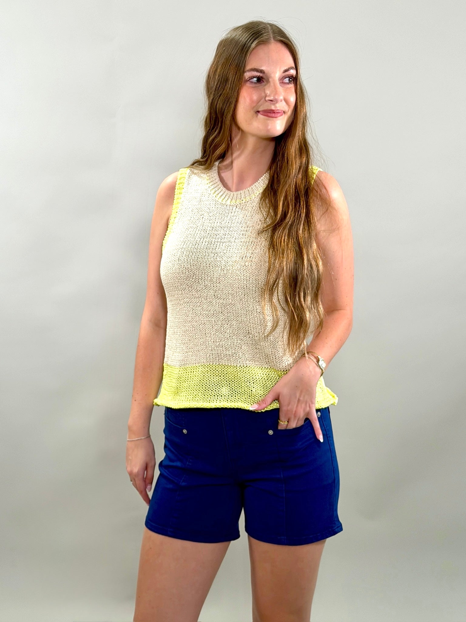 Color-Block Open Knit Sweater Tank