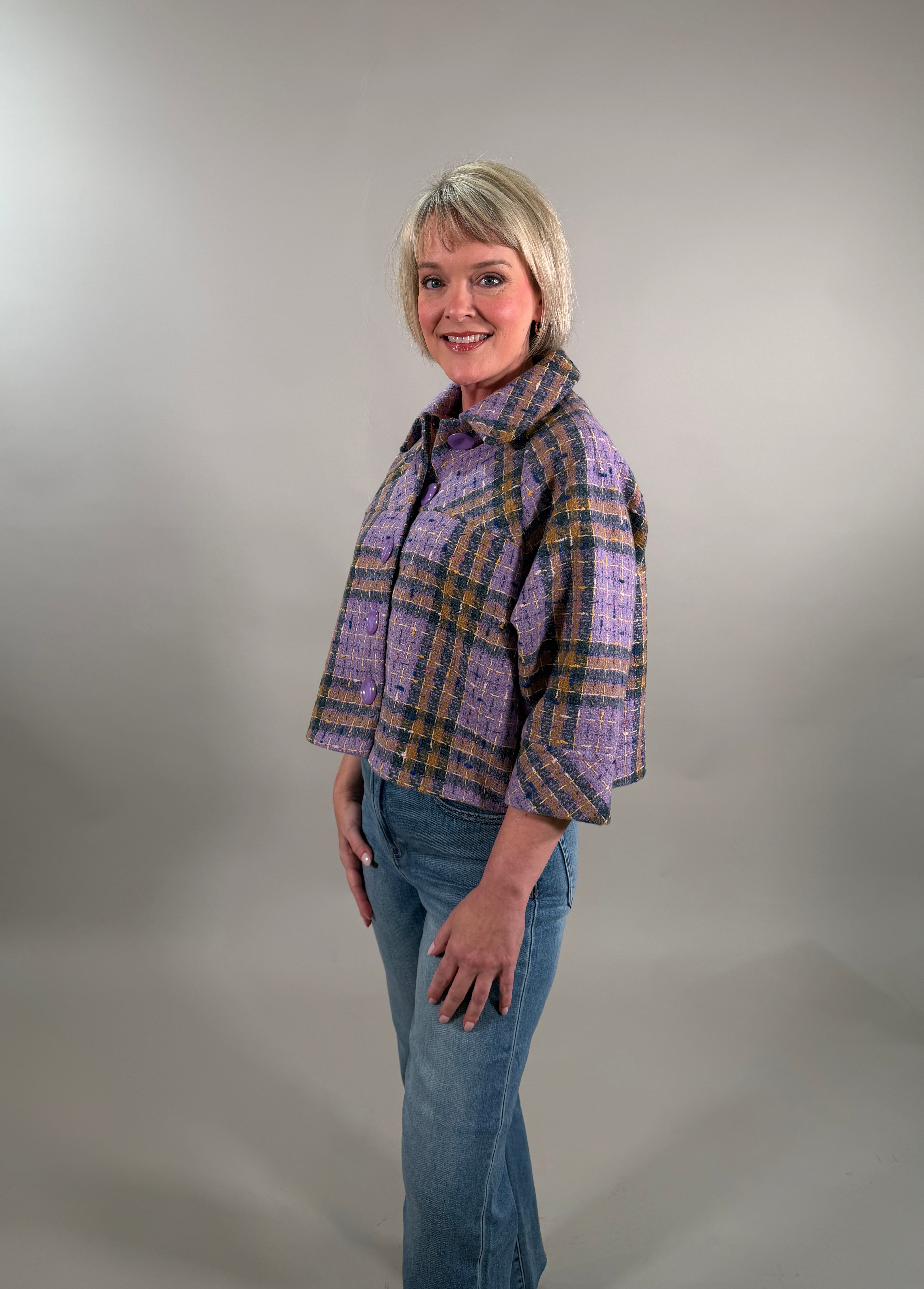 Cropped Lilac Plaid Knit Shacket with Bold Buttons