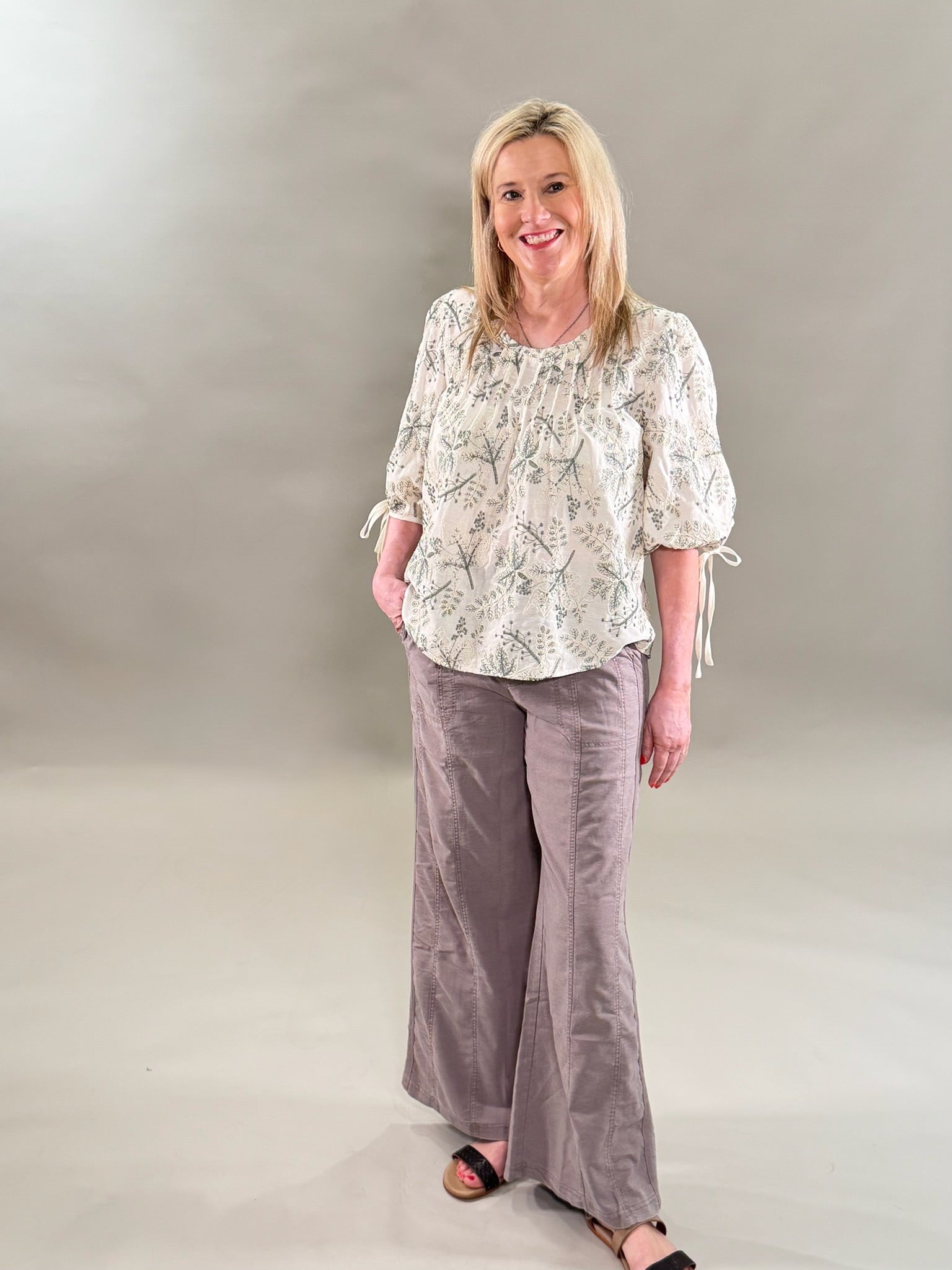 Cream and Green Embroidery Top
