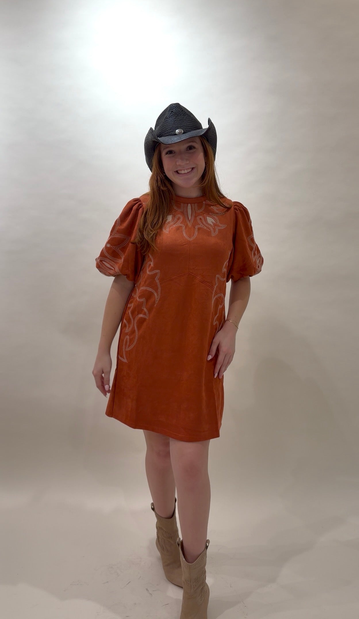 Western-Inspired Embroidered Puff Sleeve Mini Dress