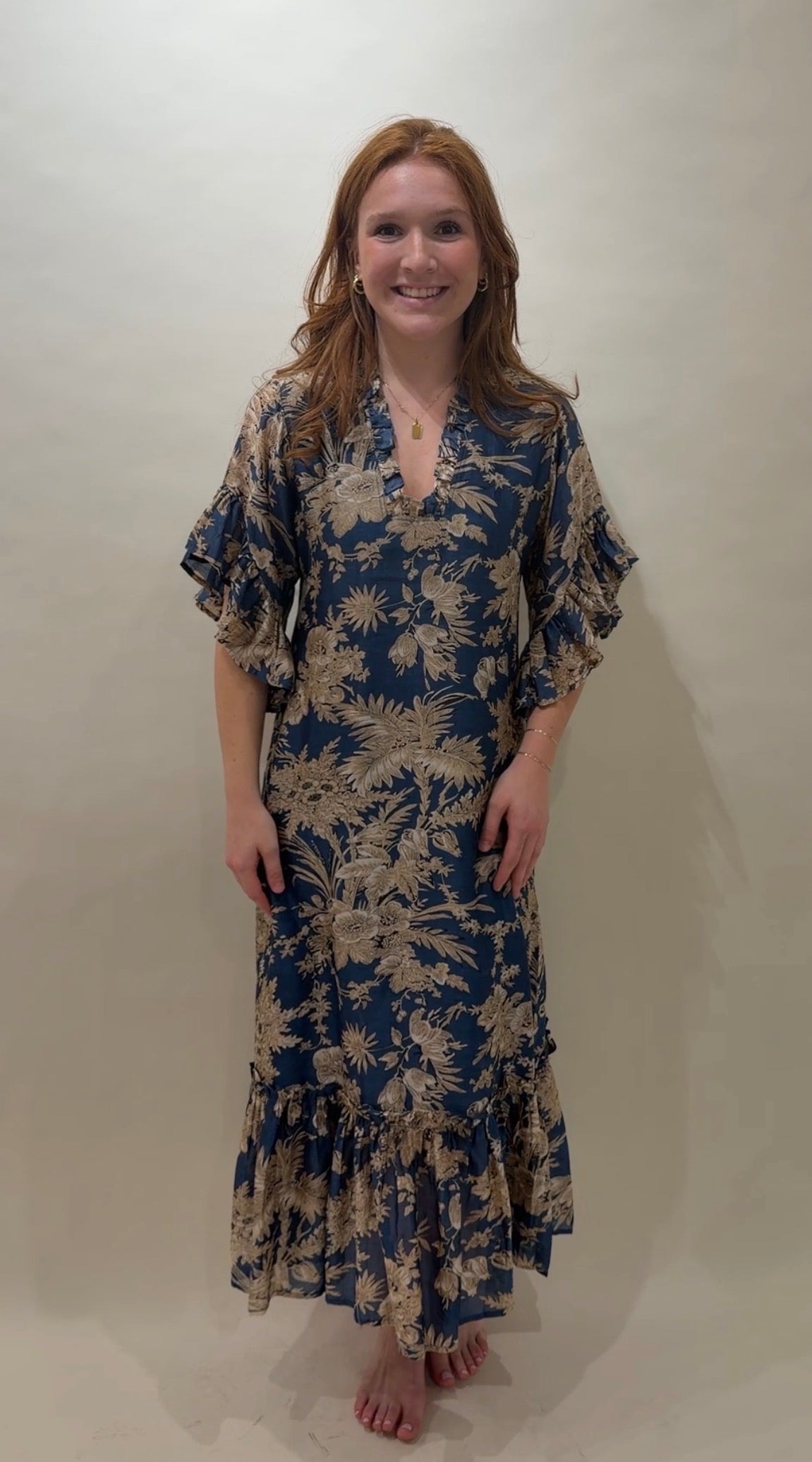 Toile Print Ruffled Cotton Caftan Mini