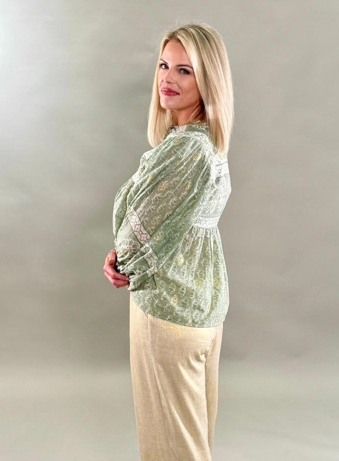 Boho Sage Floral Blockprint Blouse