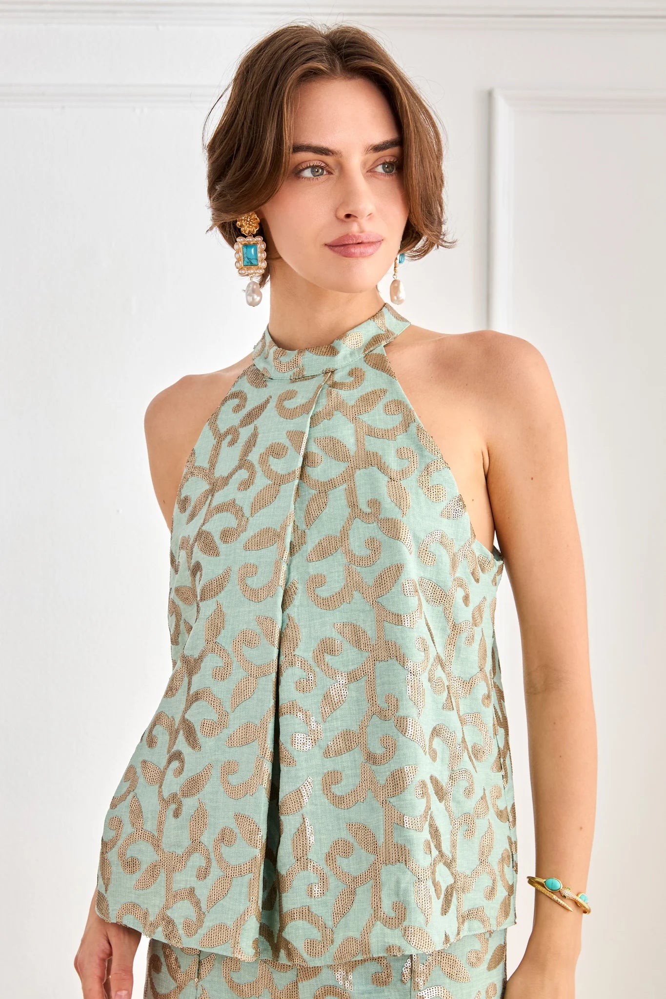 Mint Halter Top with Sequins