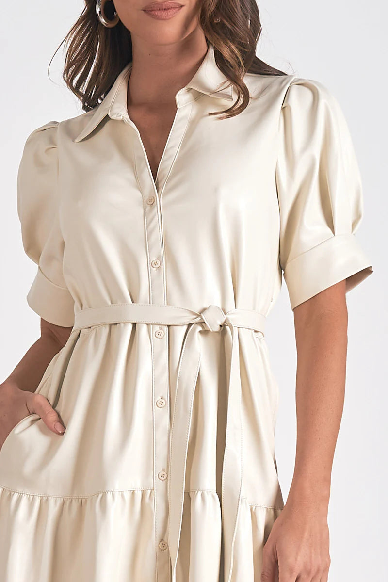 Off White Faux Leather Tiered Maxi Dress