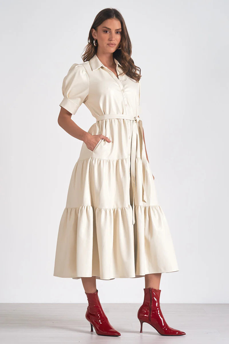 Off White Faux Leather Tiered Maxi Dress