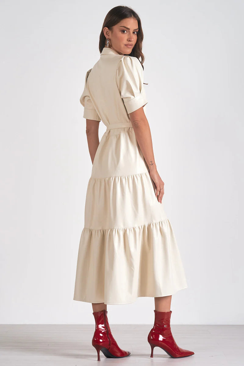 Off White Faux Leather Tiered Maxi Dress