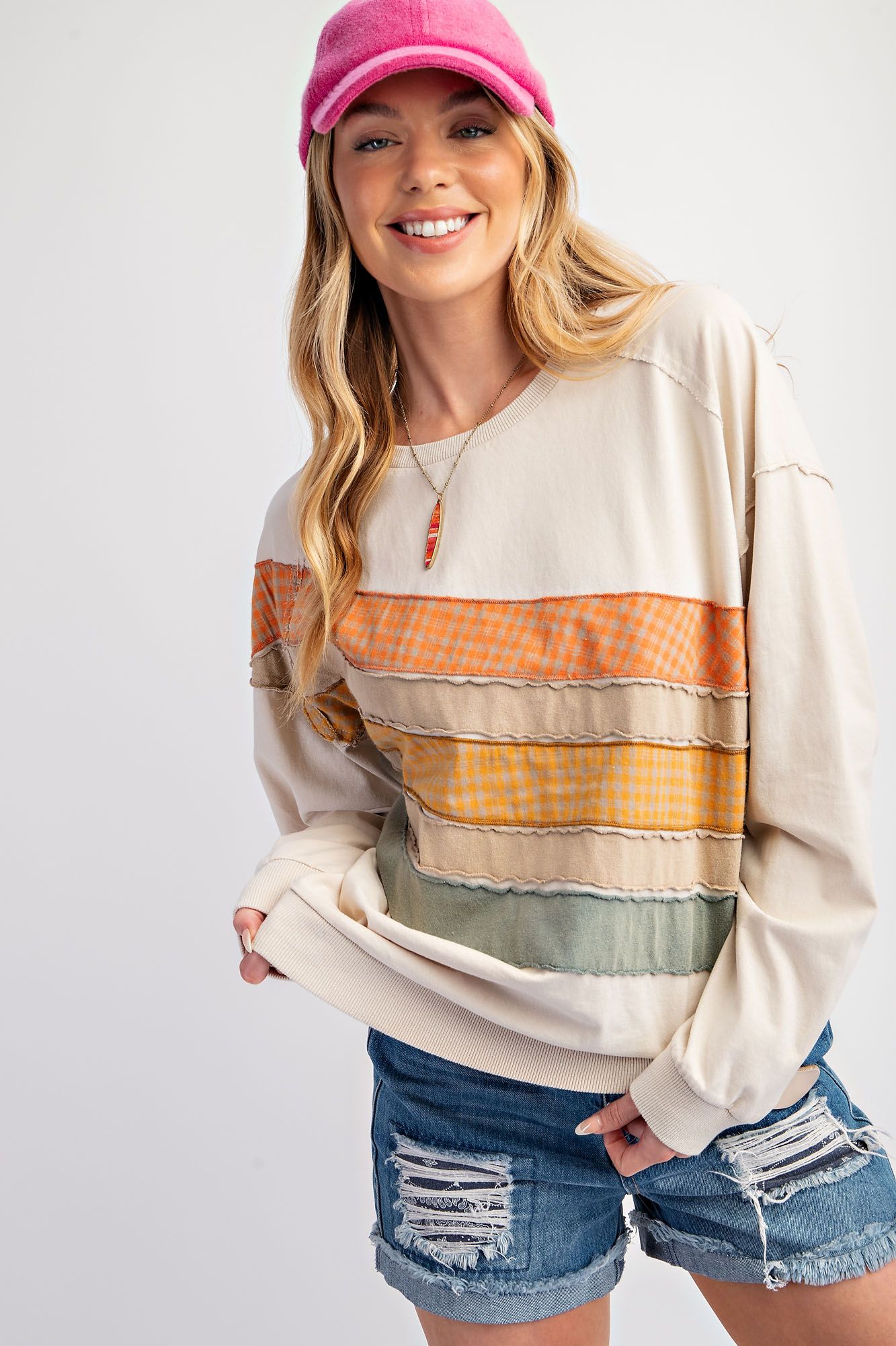 Color Mix Front Washed Terry Knit Pullover