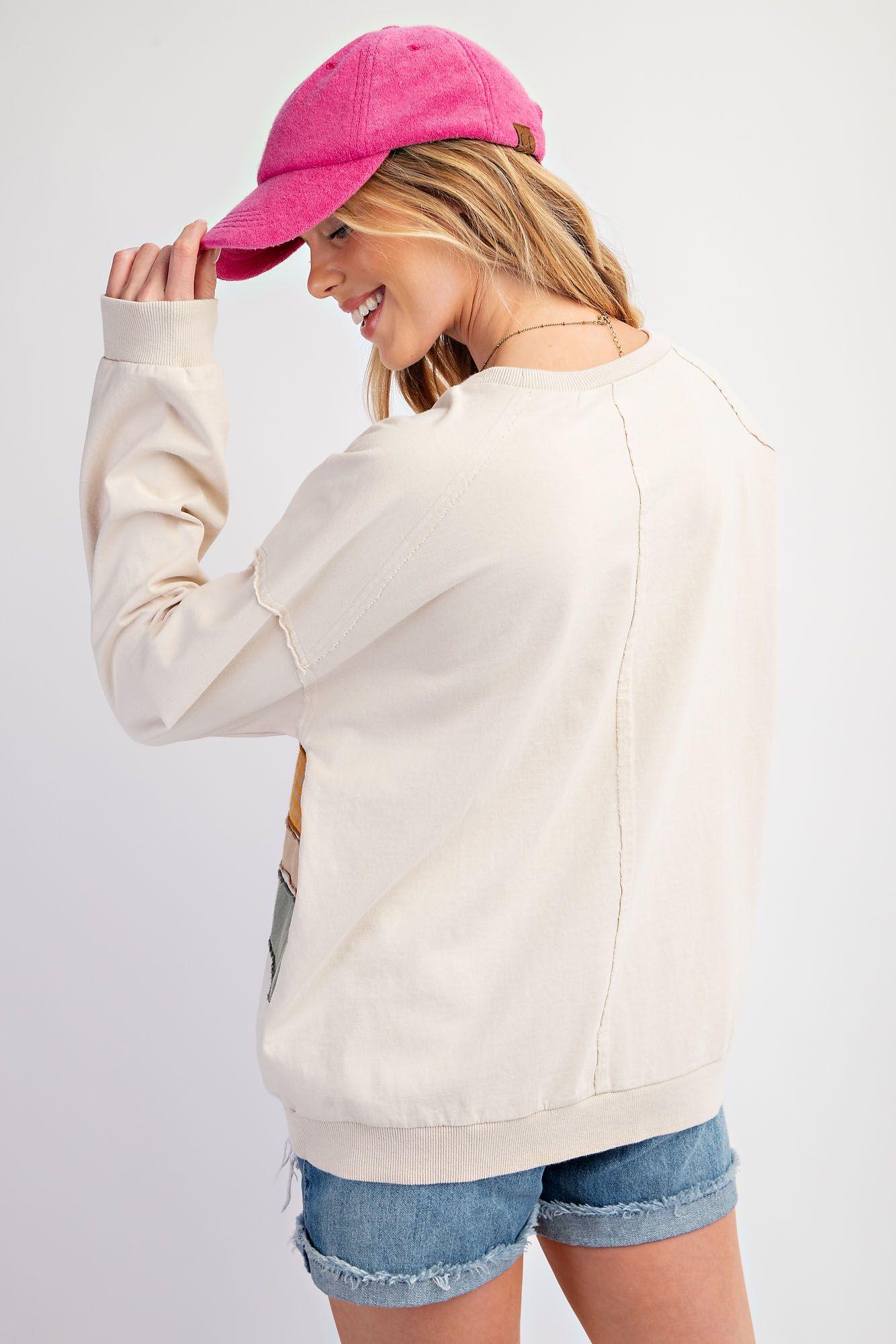 Color Mix Front Washed Terry Knit Pullover