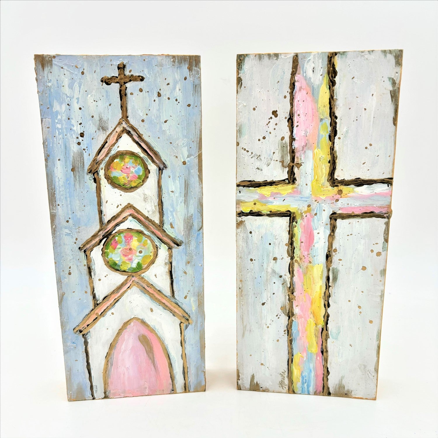 5x1.5x12" Handpainted Block Sign, Cross & Church Pastel, 2 assorted