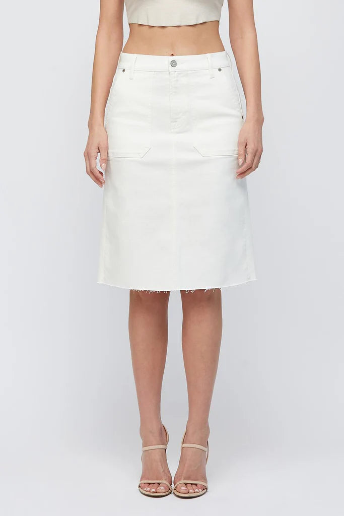 High Waist White Denim Skirt with Front Pockets