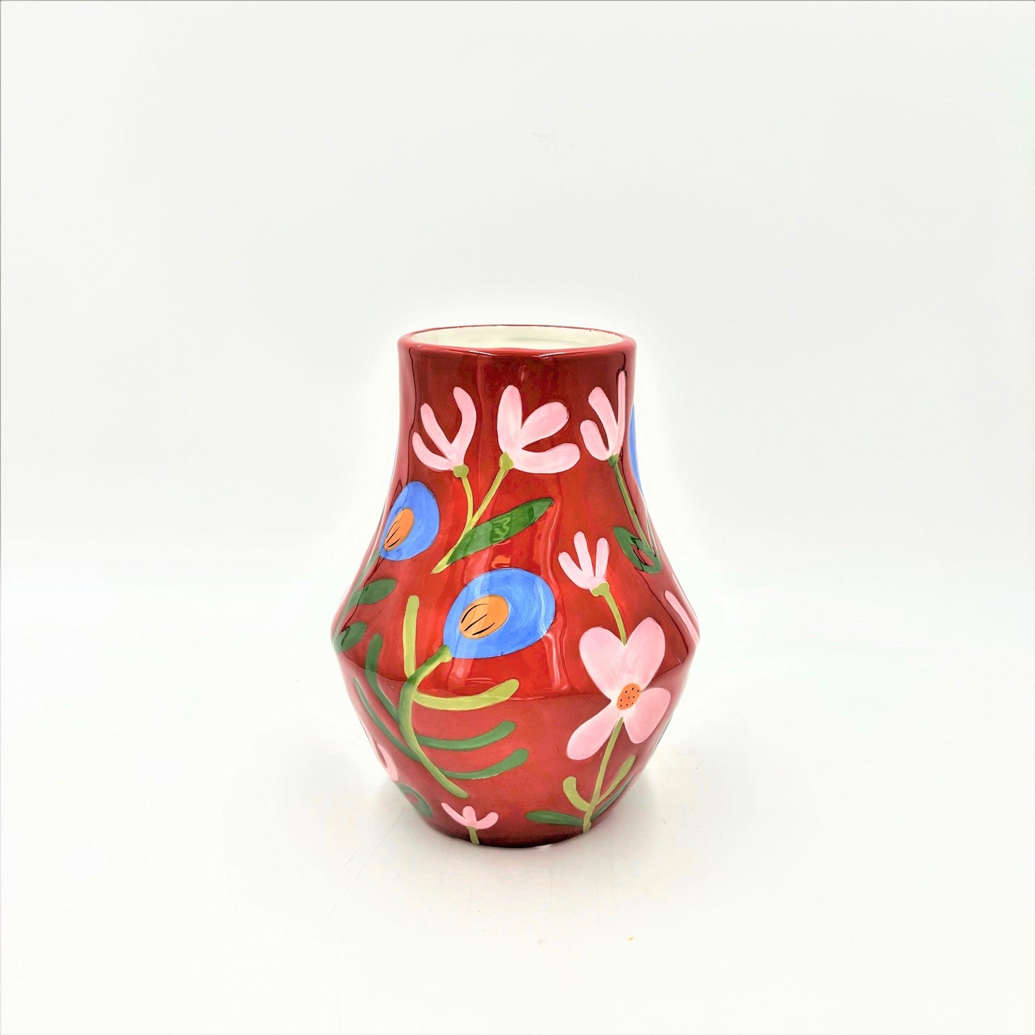 6.5x6.5x8.3" Handpainted Dolomite Vase, Red with Pink Flowers