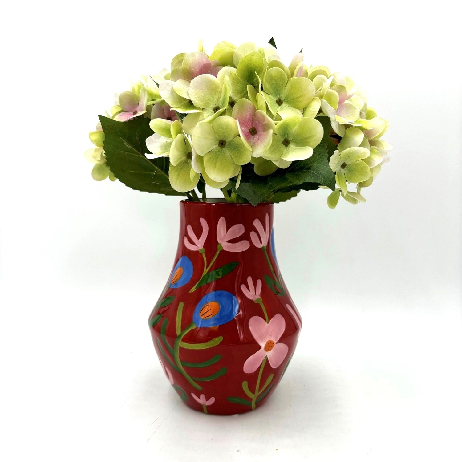 6.5x6.5x8.3" Handpainted Dolomite Vase, Red with Pink Flowers