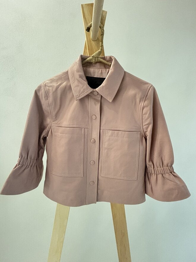 Pink Snap Front Crop Jacket with Flounce Sleeve
