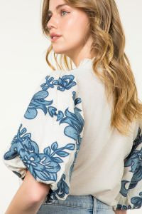 Embroidered Puff Sleeve V-Neck Top