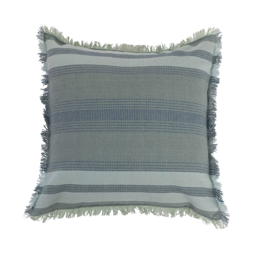 18" Woven Cotton Pillow & Eyelash Fringe, Polyester Fill Green