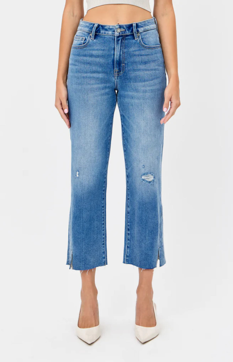 TRACEY Medium Dark Hem Slit Cropped Relaxed Straight