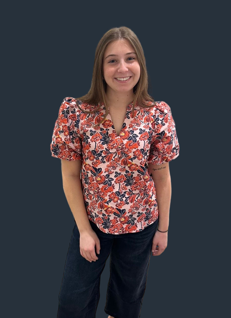 The Coral Floral V-Neck Blouse | Puff Sleeve Top