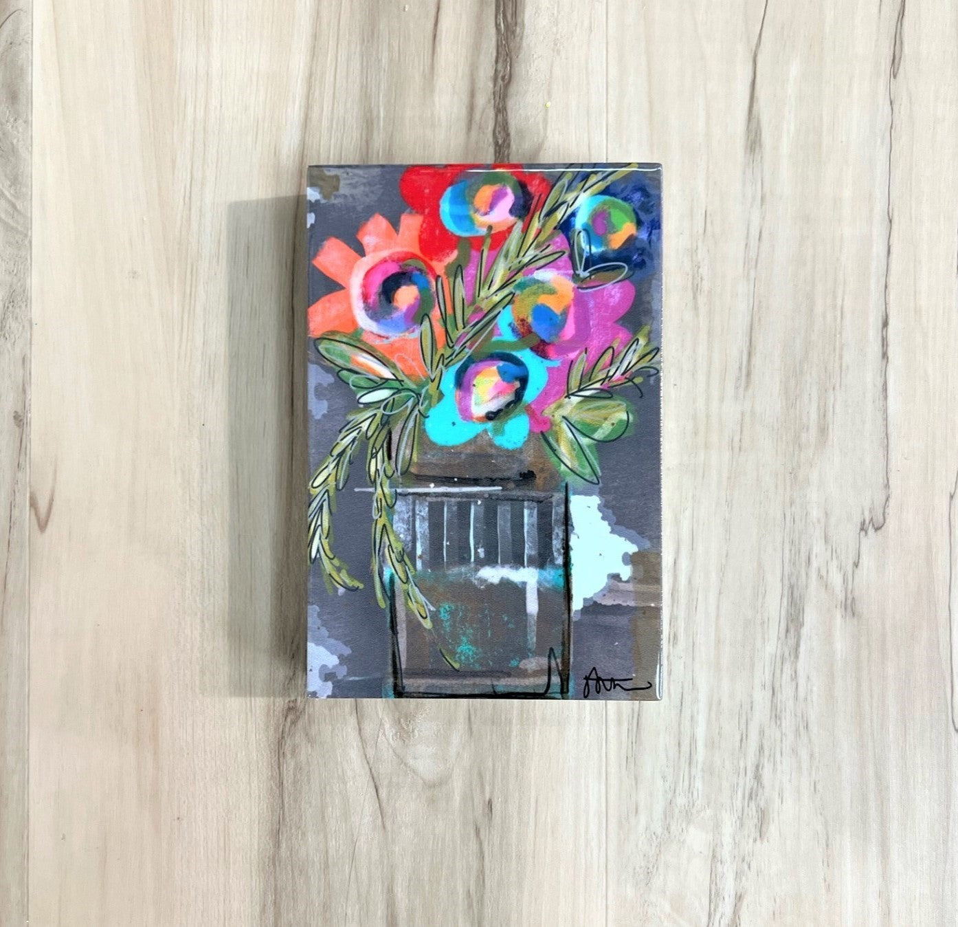 4x1x6" Mdf Block Sign, Neon Flowers in Gray Pot with Epoxy